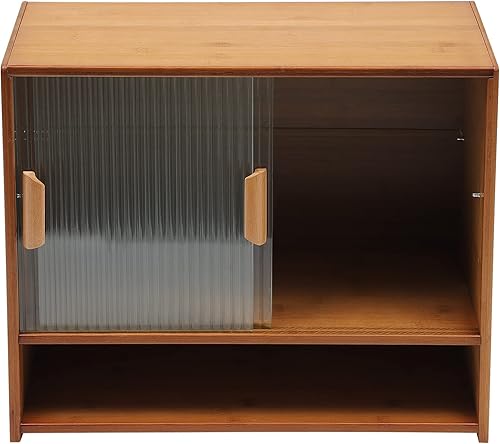 Miniatura 6 de Armario de almacenamiento pequeño, aparador de despensa de cocina de bambú con 2 puertas corredizas de vidrio a rayas, armario de almacenamiento