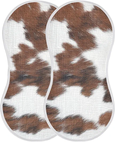 WELLDAY Muslin Baby Burp Cloths Set of 2, Soft Absorbent White Brown Print Cow Muslin Washcloths, Bibs, Face Towel for Newborn Boys Girls, 22 x 11 Inch