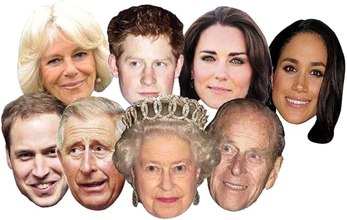8 Stück Royal Family Queen King Charles III Queen Consort Camilla Phillip Kate William Harry Meghan König Krönungszubehör Prominente Gesichtsmaske Junggesellinnenabschied Kostüm