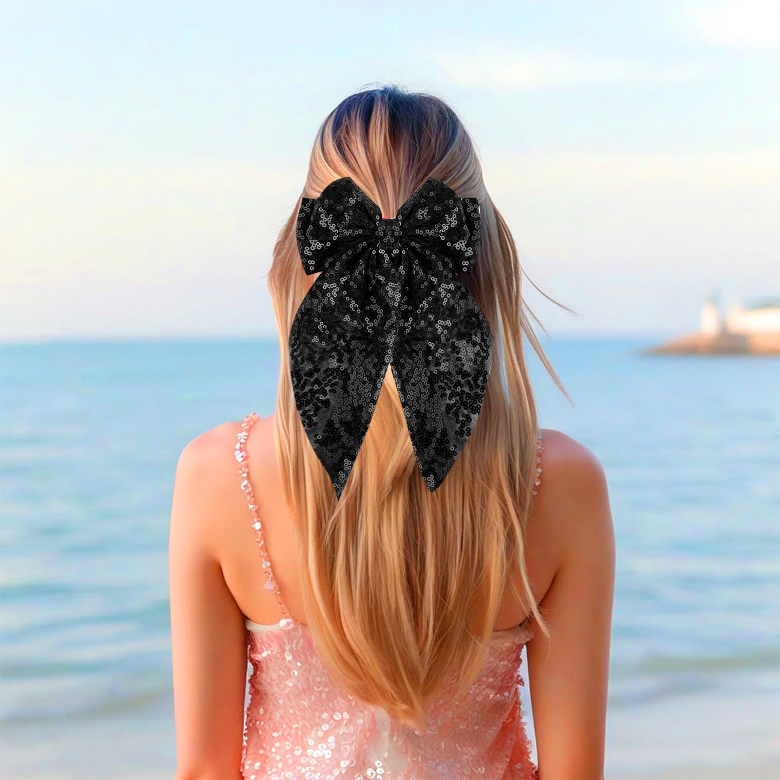 Bdfgh Sparking Black Hair Bow Tie, Hair Clip with Glitter - Image 4