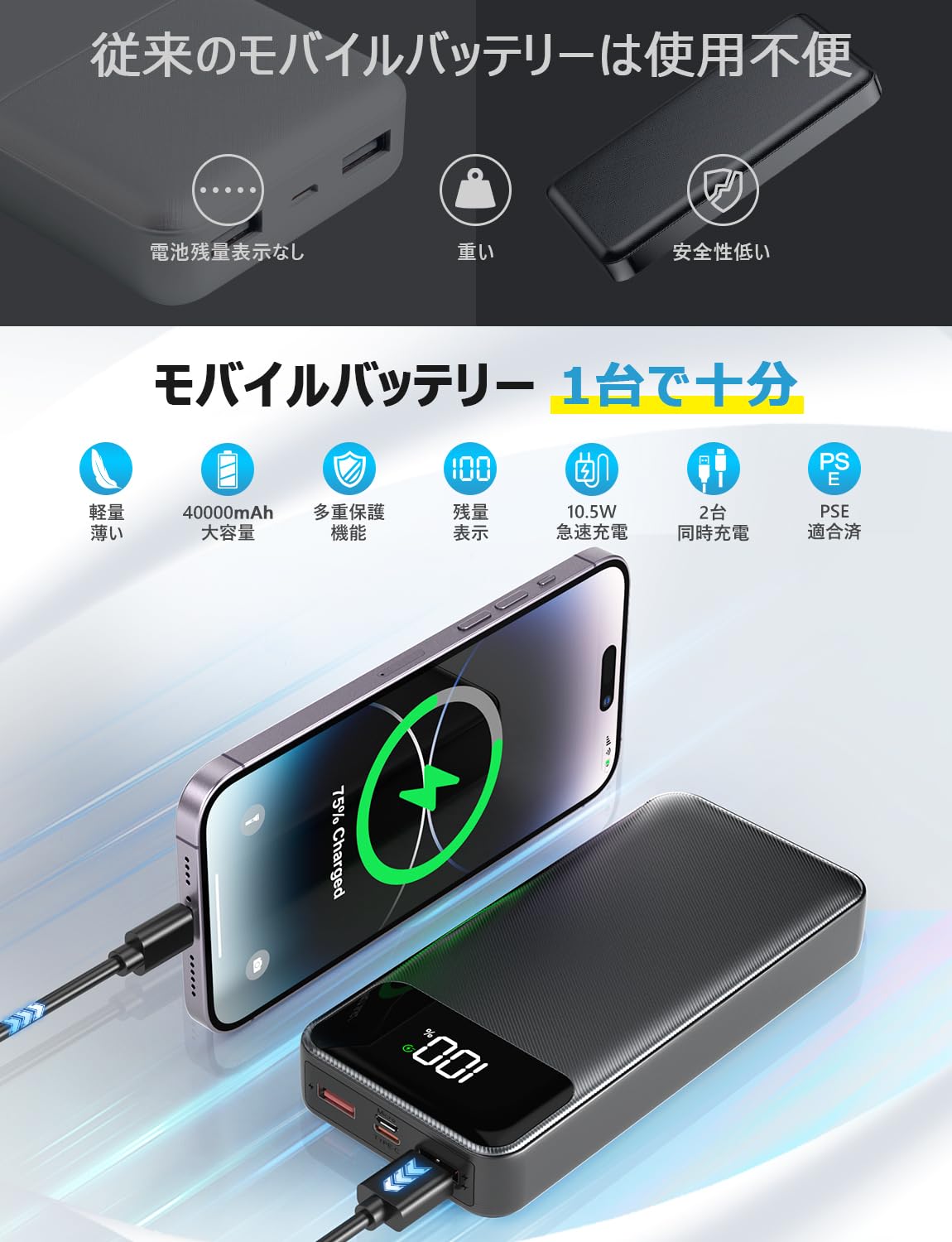 Amazon | モバイルバッテリー 大容量 40000mAh 急速充電 LCD残量表示 2