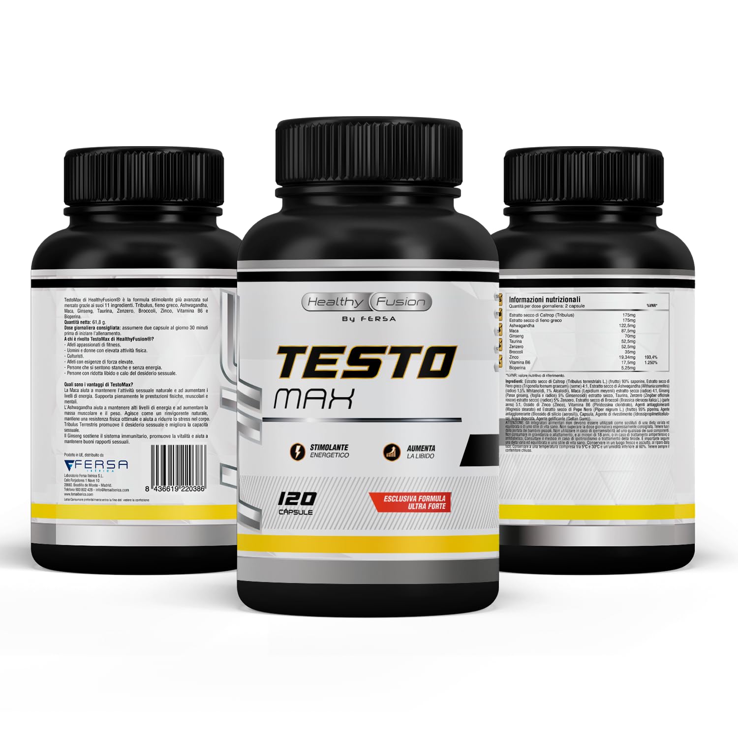 Booster di Testosterone per uomo | Energia, forza, muscolazione e vigore | Maca Andina, Ginseng, Tribulus e Taurina | Aumenta l'energia e migliora le prestazioni sportive e muscolari | 120 caps
