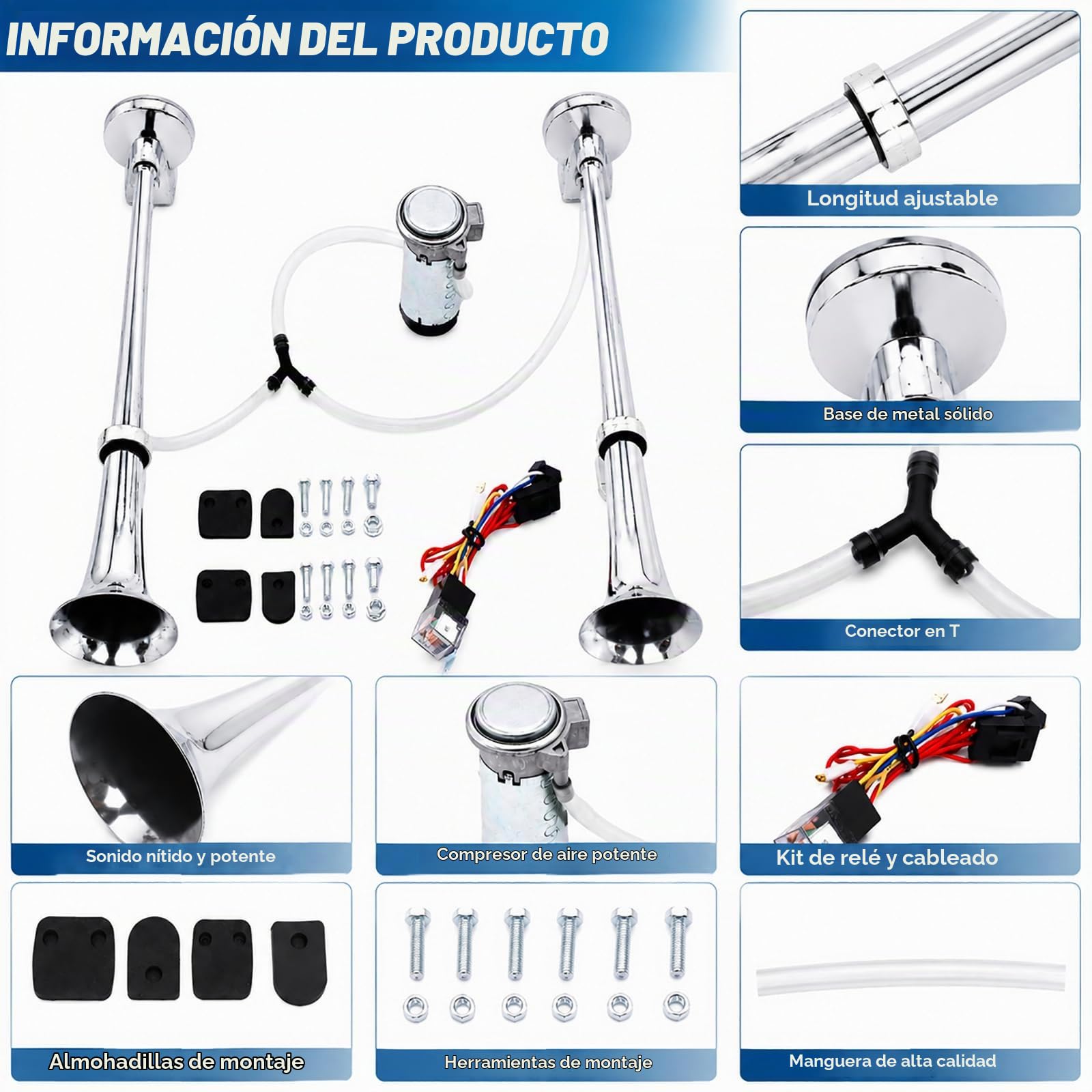 Trompeta Tractor 150dB Superpotente con Compresor 12V Actualizado, Cuerno de Aire de Trompeta Doble para Coche, Tractor, Furgoneta, Moto y Barco - Kit de Instalación Completa