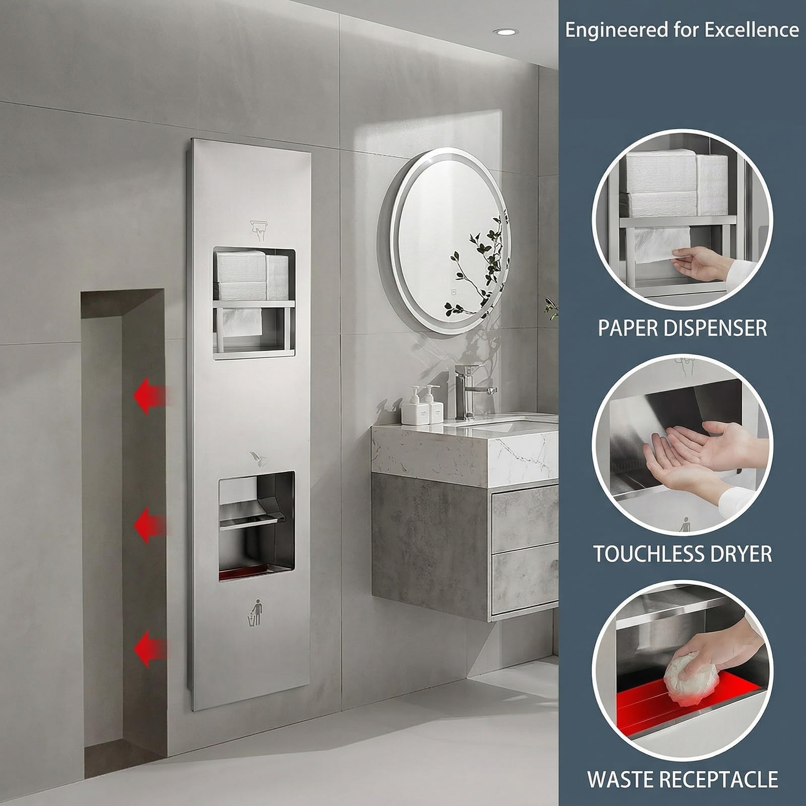 Porta Carta igienica a Incasso Color Oro con Cestino Integrato, mobiletto salvaspazio per Il Bagno in Acciaio Inox 304 con cassetto portaoggetti, Ideale per ristrutturazioni.