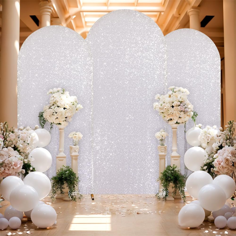 Odot Arch Cover Sequin Backdrop Round Top Wedding Arch Backdrop Cover Romantic Spandex Chiara Backdrop Arch Stand for Birthday Party Wedding Garden Photography Decor (5ft/150x65cm,Silver)