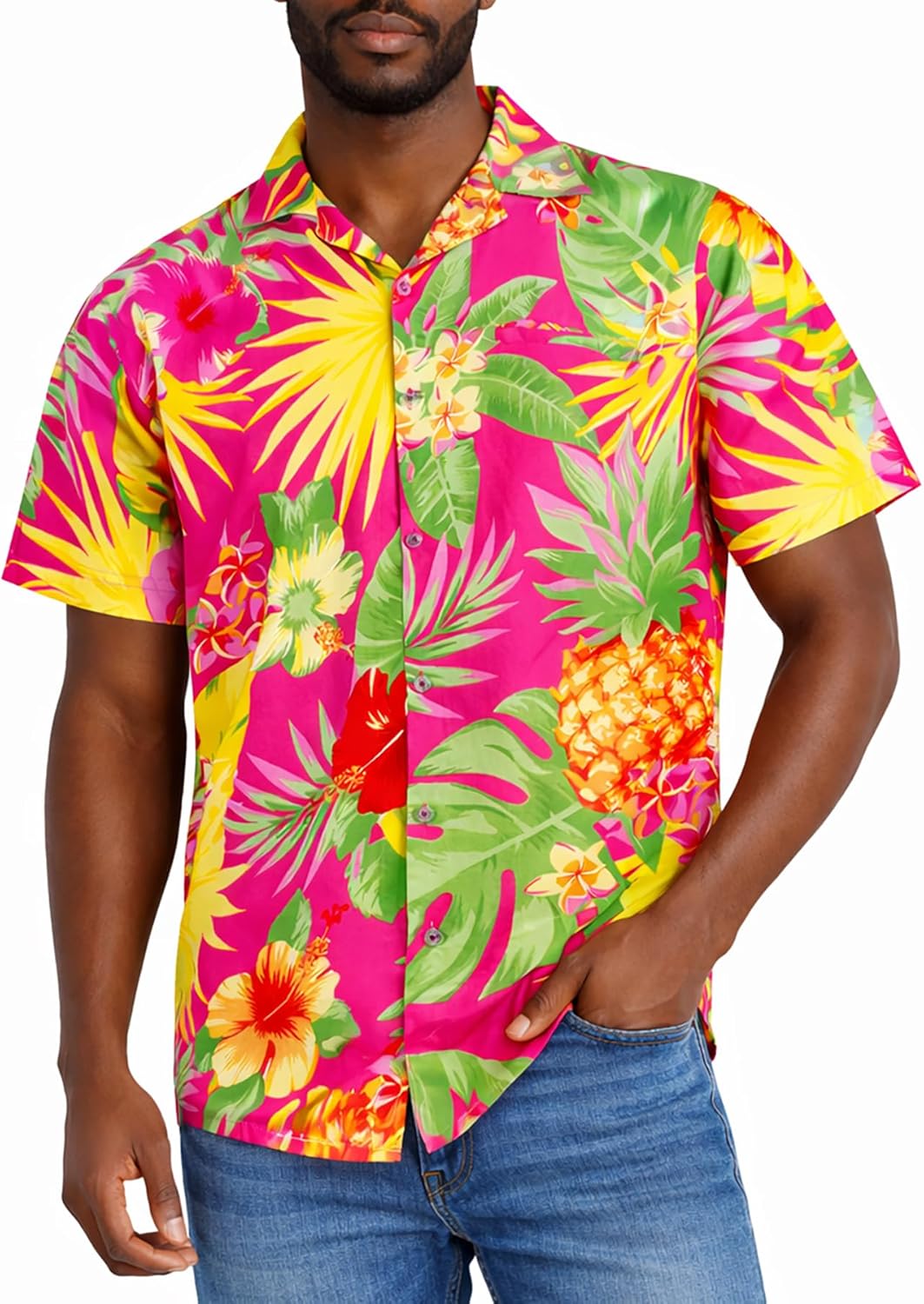 KING KAMEHA Men’s Hawaiian Shirt Short Sleeve – Aloha Summer Shirt with Pineapple Print, Lightweight, Easy Care
