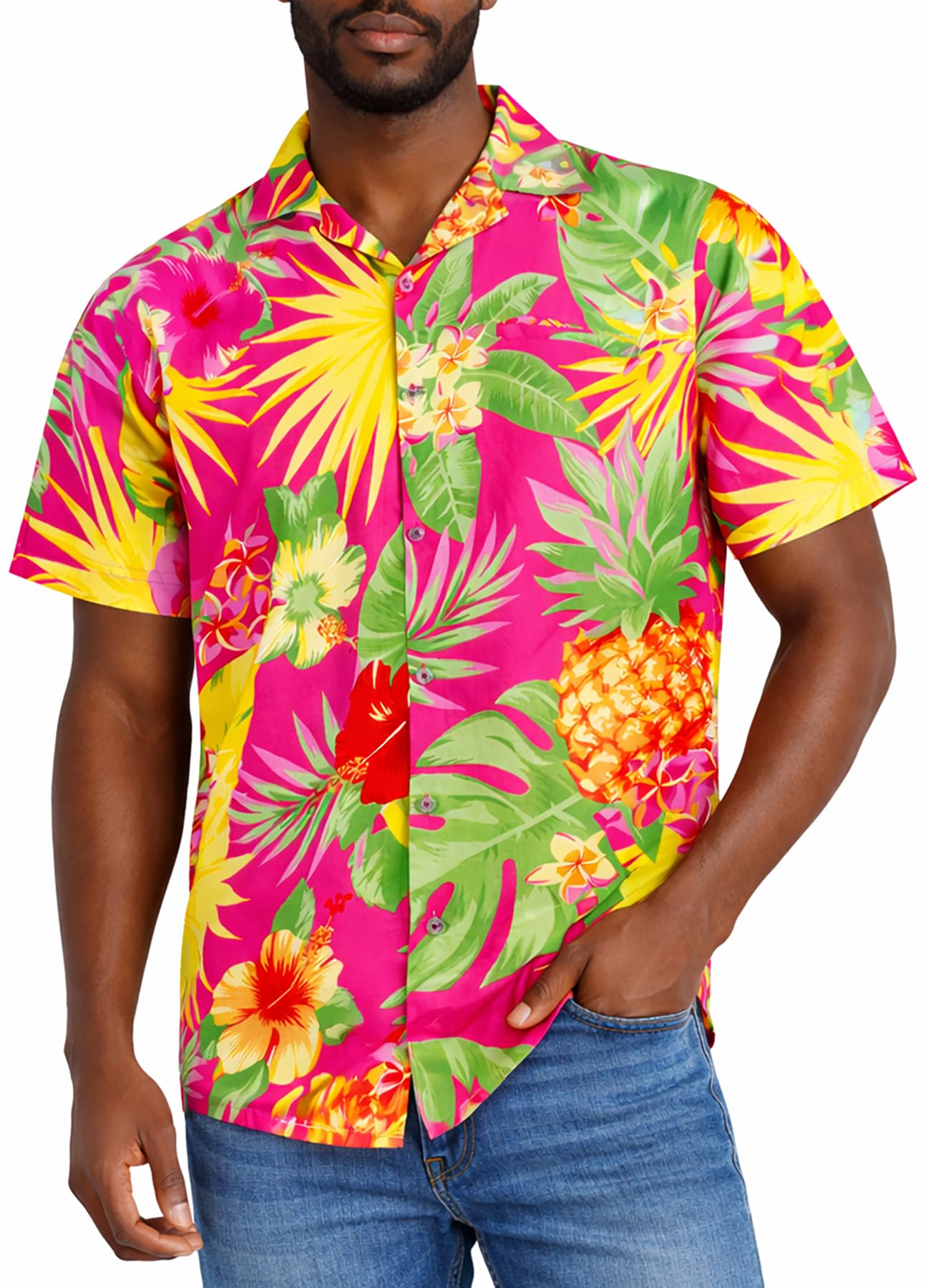 King Kameha Men's Pink - Pineapple Hawaiian Shirts For – Hawaiian Shirt With Pineapple Print, Summer Shirts For Uk - Botton Down Shorts Sleeve Shirt - Aloha Holiday Clothes - Pineapple, Pink, 3XL