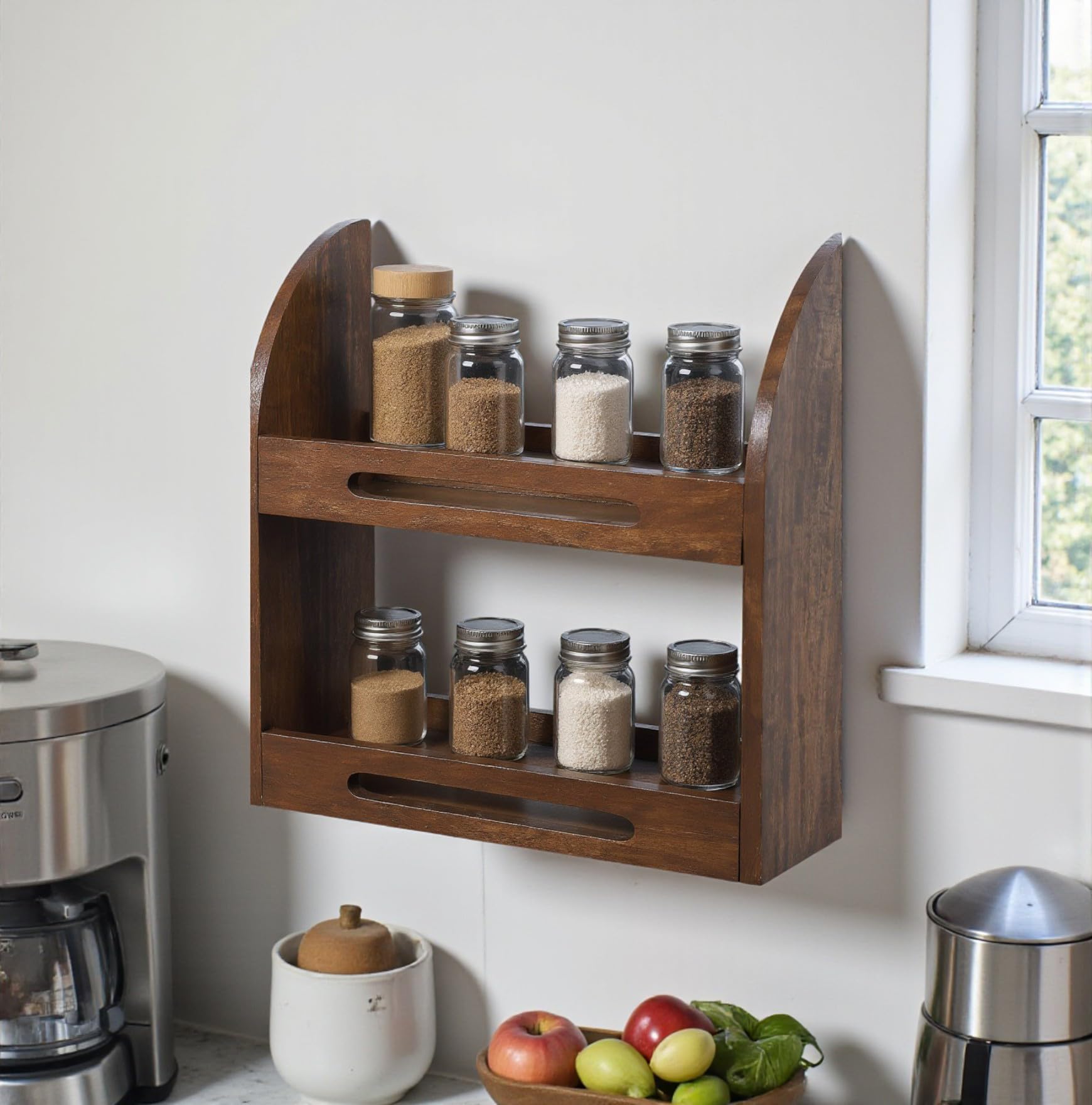 THE URBAN STORE Kitchen Rack, Shelf, Spice Holder Wood Wall Mounted Walnut Color 12" x 4" x 11" Pack of One Contemporary Style Elegantly Hand Crafted for Home and Kitchen TUSKR02_N-image-35
