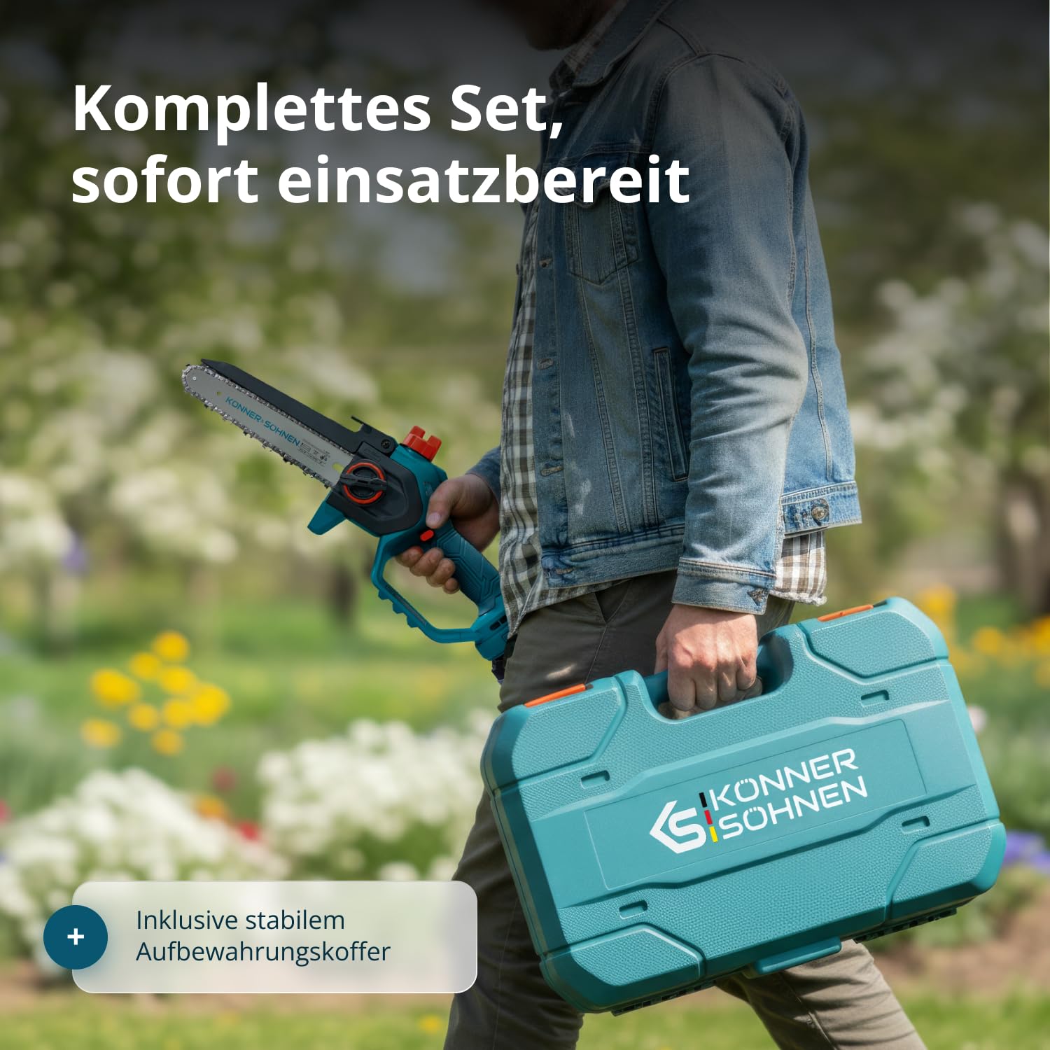 K&S Könner&Söhnen KS MCS20V-8 CASE PLUS - Minimotosierra inalámbrica con riel de 8 pulgadas y velocidad de cadena de 8 m/s, cargador de batería de 20 V y 2 rieles y 2 cadenas de 8 pulgadas. Batería KS