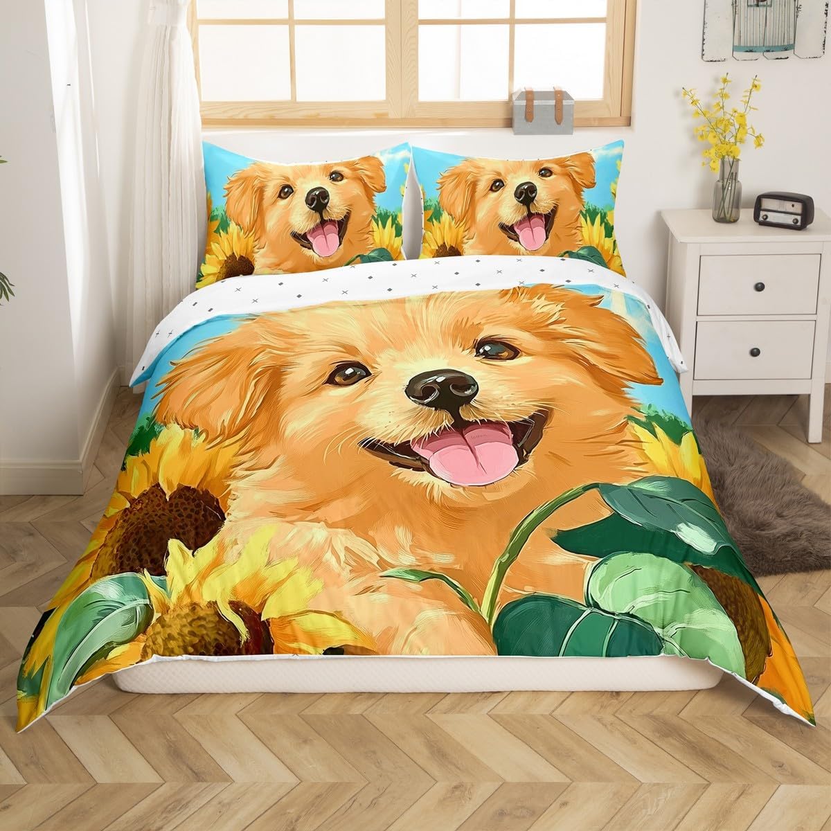 jejeloiu Smiling Dog Duvet Cover Toddler Size Kids Puppy Dog Sunflower Comforter Cover Set for Boys Girls Teens Dachshund Bedding Set Breathable Cute Cartoon Dog Bedspread Cover Room Decor Quilt Cover