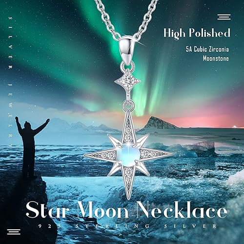 Miniatura 6 de Collar de estrella para mujeres y niñas de plata de ley 925 con colgante de piedra lunar, collar infinitoredondo de estrella giratoria, regalo
