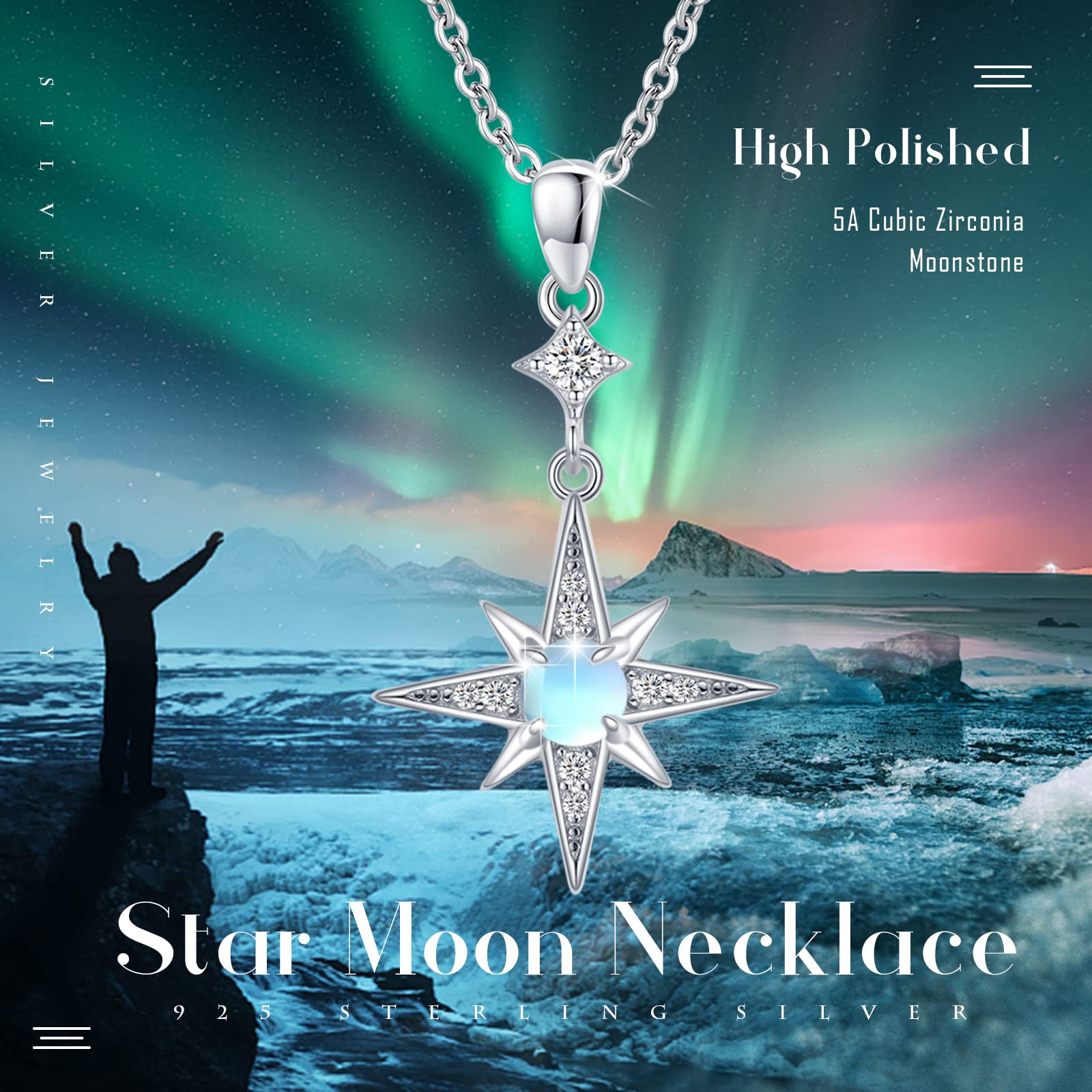 REDSUN Mondstein Halskette S925 Sterling Silber Achtzackige Stern Kette Platin/Gold/Roségold Regenbogen Anhänger Schmuck für Damen Mädchen Mutter Tochter Frau Geschenk