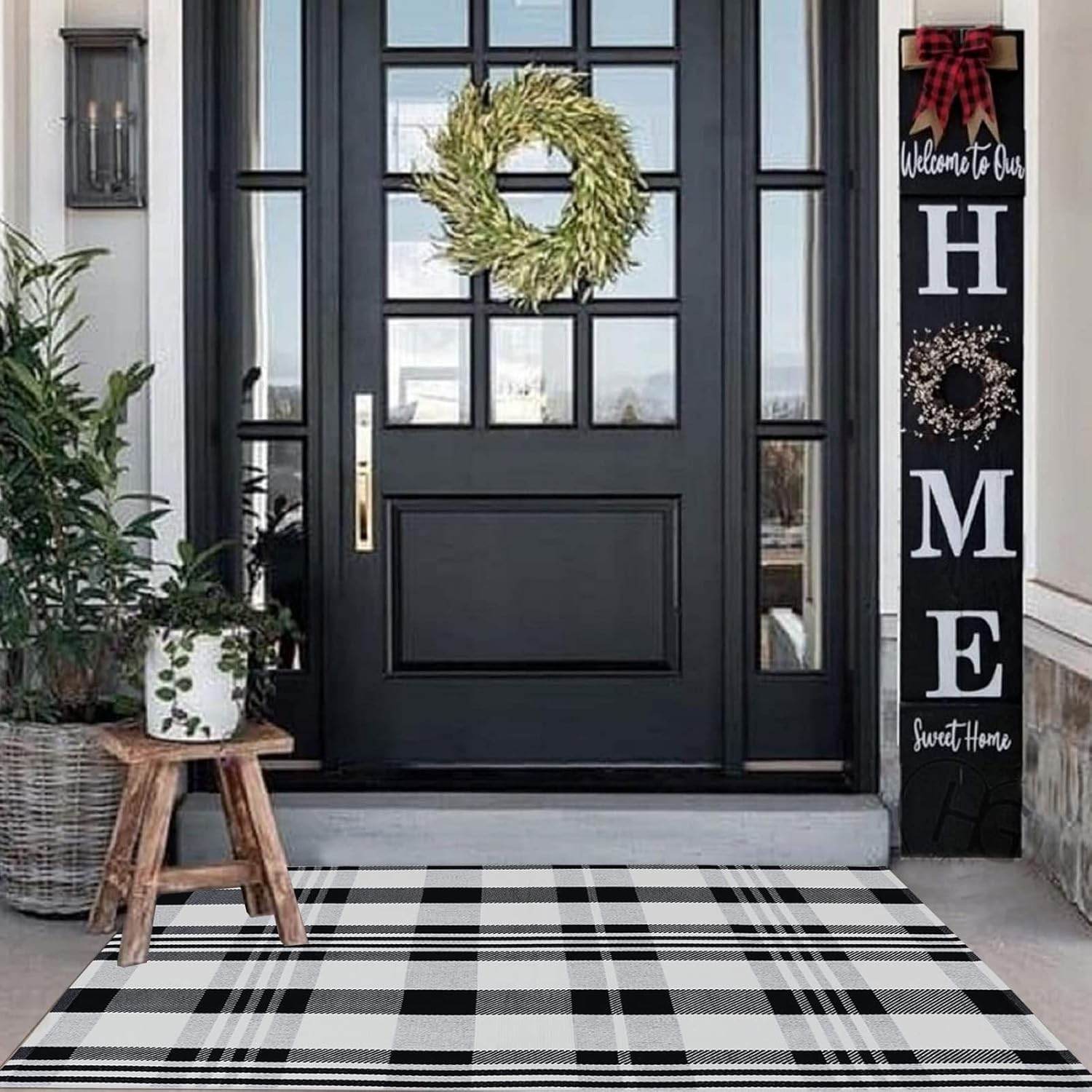 CAINANEL Buffalo Plaid Outdoor Rug Black and White Check Rug 35.4'' x 59'' Cotton Hand-Woven Checkered Front Welcome Door Mat Indoor/Outdoor Area Rug for Front Porch,Kitchen,Entry Way,Living Room 3' x 5' (Rectangular) Black&white Plaid
