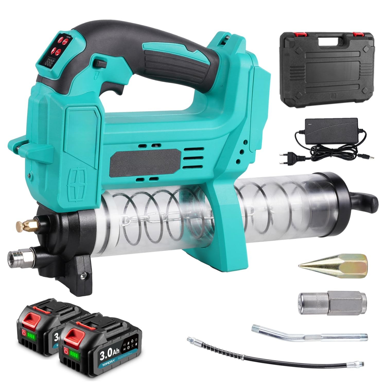 Pistola engrasadora eléctrica con batería, 10000 PSI, con manguera de 40 cm, pistola de engrase 2 en 1 para cartuchos y grasa suelta, luz LED, 2 baterías de 3000 mAh, para agricultura