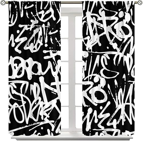Miniatura 8 de Cortinas de graffiti en blanco y negro, divertidas, abstractas, estéticas, para sala de estar, dormitorio, cocina, decoración con bolsillo para