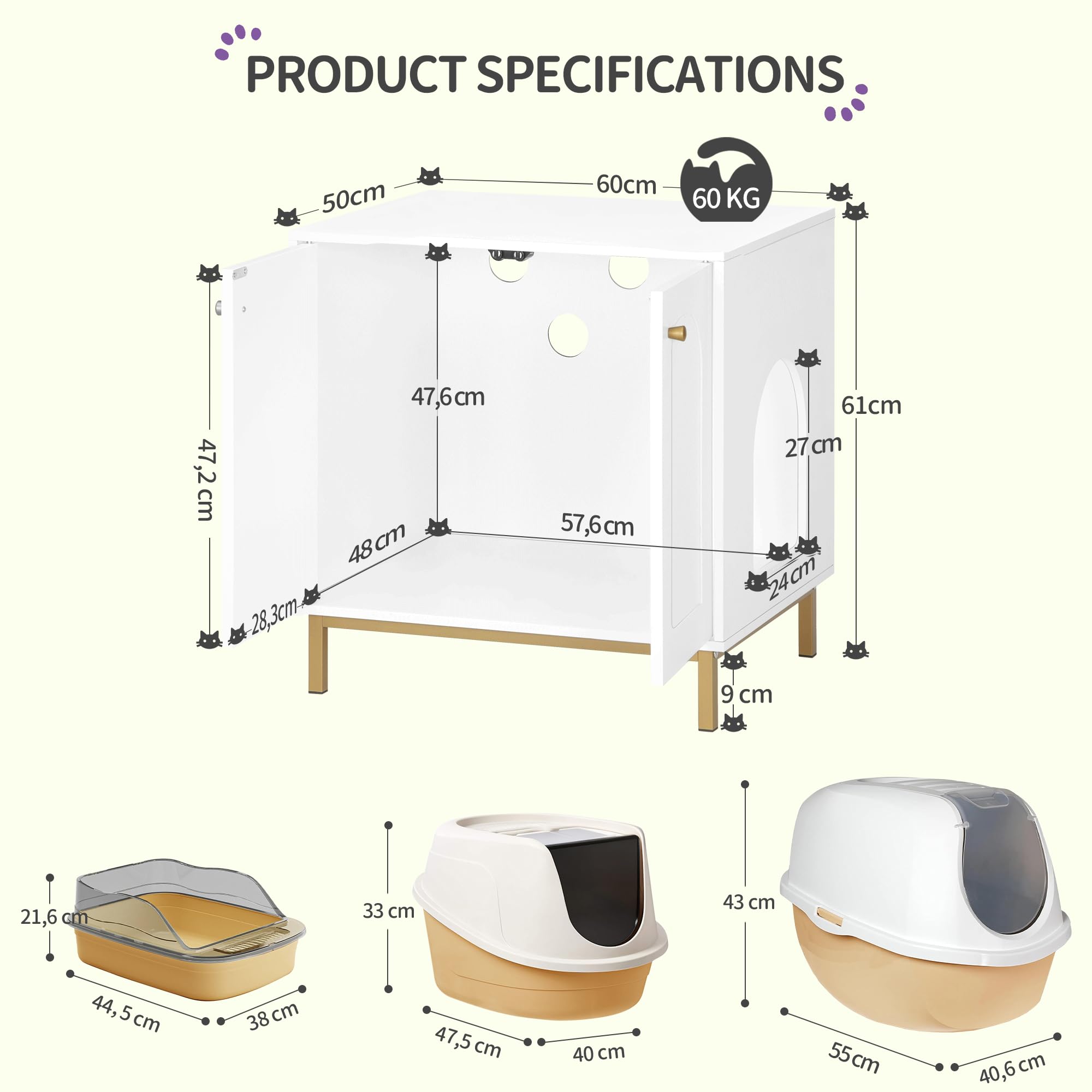 Hzuaneri Caja de Arena para Gatos, Muebles de Caja de Arena, Mesa Auxiliar para Casa de Mascotas, Banco de Gabinete de Almacenamiento, se Adapta a la Mayoría de Gatos, Blanco y Dorado CB81203G
