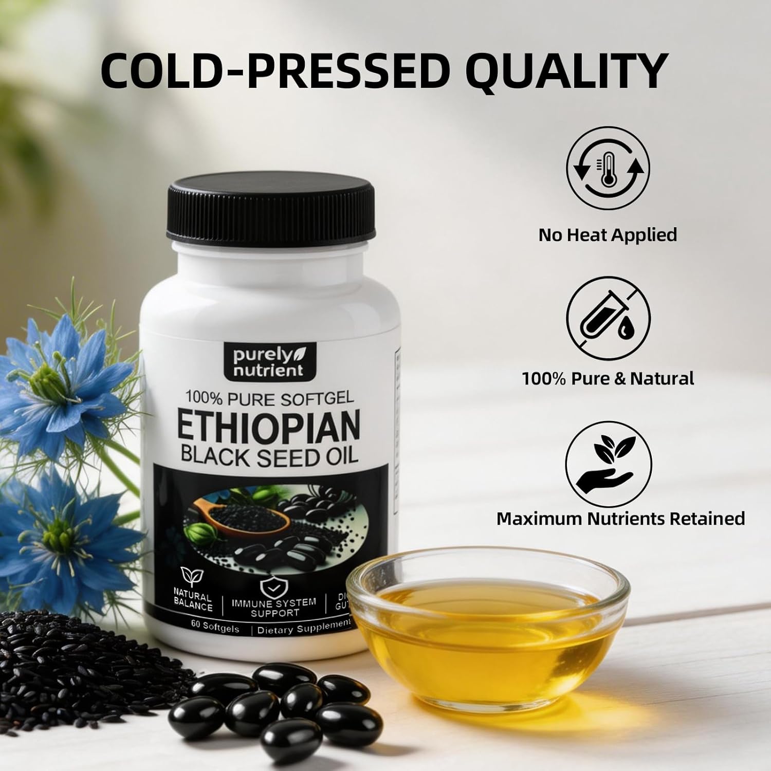 Ethiopian Black Seed Oil Softgels 4.64% Thymoquinone – Organic Cold Pressed Black Cumin Seed Oil Softgels, Non-GMO, Gluten-Free, 60 Softgels*2 Bottles