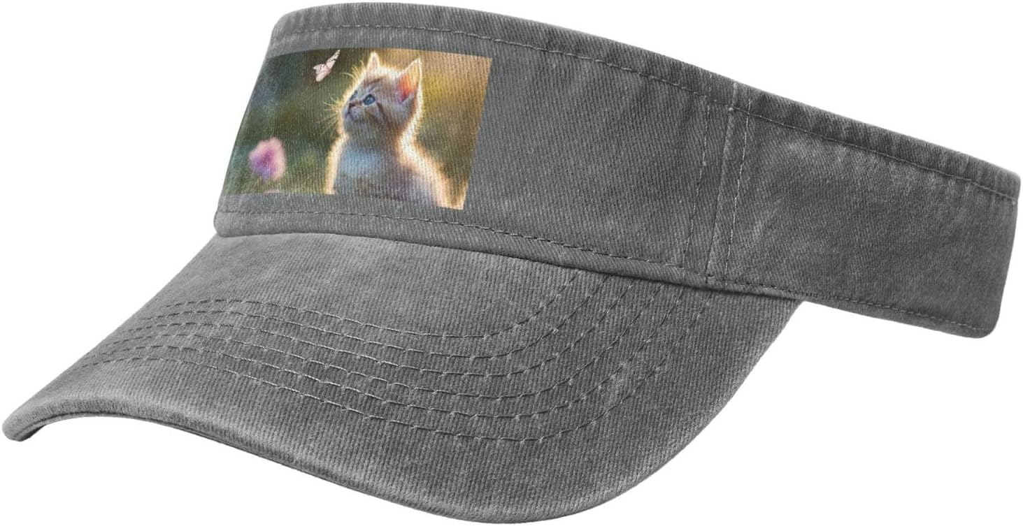 Kitten Butterfly Print Sport Sun Visor Hats Cotton Ball Caps Empty Top Baseball Sun Cap for Men Women
