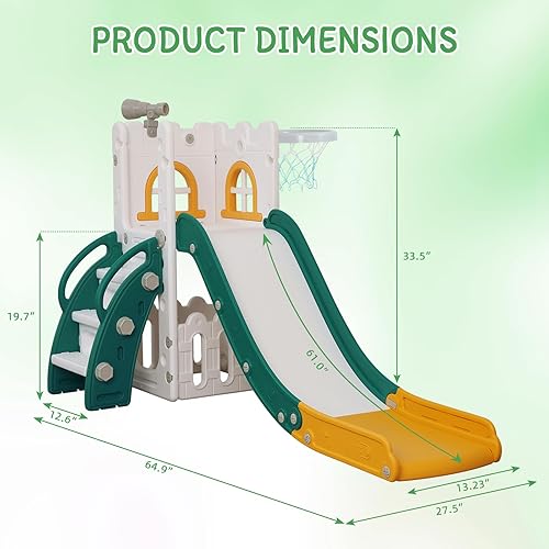 Miniatura 3 de Tobogán 6 en 1 para niños pequeños, escalador deslizante para interiores y exteriores, con aro de baloncesto, almacenamiento y telescopio, tobogán