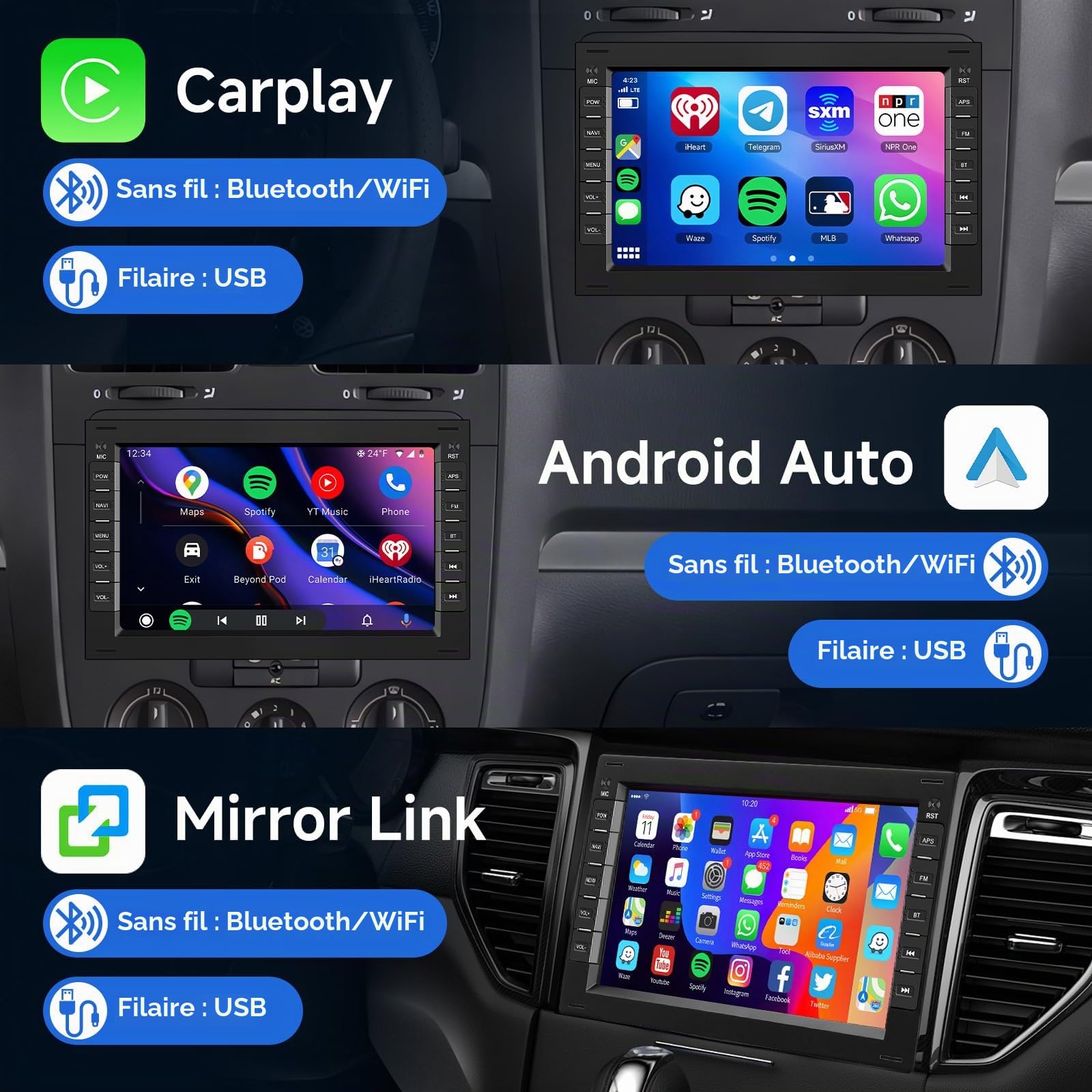 2G+64G Autoradio pour VW Passat Golf MK5 Transport Jetta Polo Touran Seat Sharan Skoda avec sans Fil Carplay, Hodozzy Ecran Tactile 7 Pouces Android Auto avec GPS WiFi Bluetooth FM/RDS/EQ/SWC+Caméra