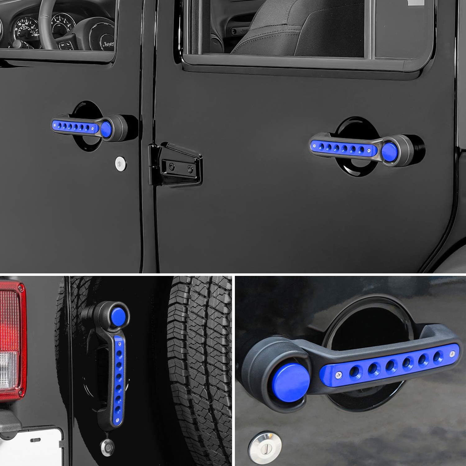 E-cowlboy Grab Handle Inserts Cover+Push Button Knobs Cover Trim for Jeep Wrangler JK JKU Sahara Rubicon Unlimited 2007-2018 Exterior Door Handle Decoration Accessories Aluminum (Blue) image 2