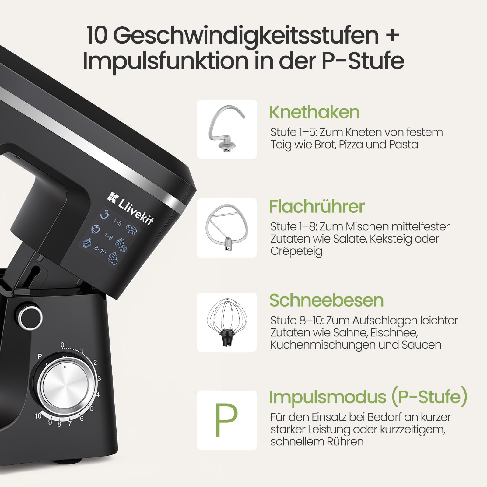 LLIVEKIT 1500W Küchenmaschine, 5,2L Edelstahl-Rührschüssel, Knetmaschine Rührmaschine mit 10 Geschwindigkeiten + Pulsfunktion, Überhitzungsschutz, Multifunktional Haushalts-Backgerät
