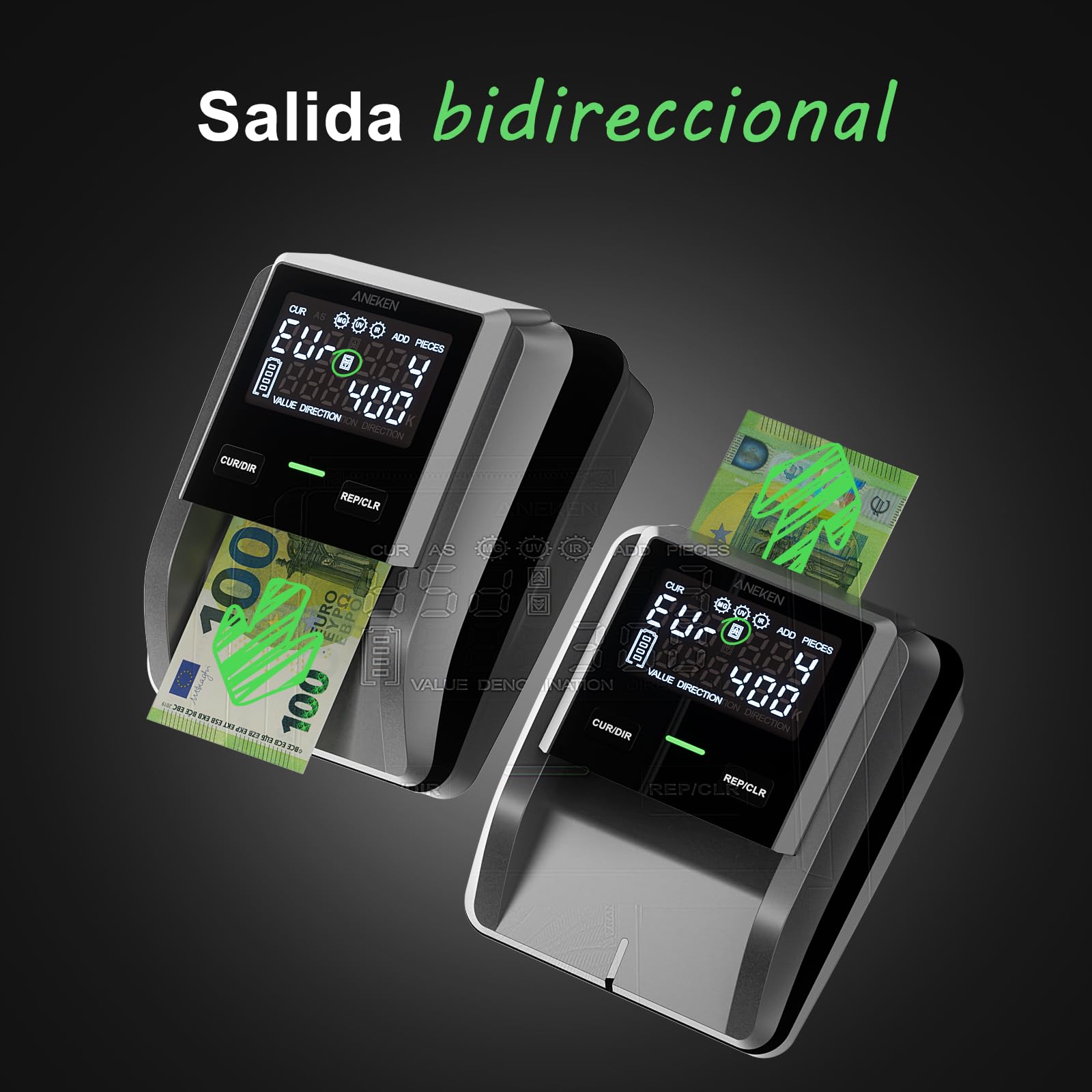 Aneken AL139 detector de billetes falsos con pantalla digital de 2,8 pulgadas, verificador de dinero falso con valor total y función de adición, detección en 4 direcciones, compatible con EUR/USD