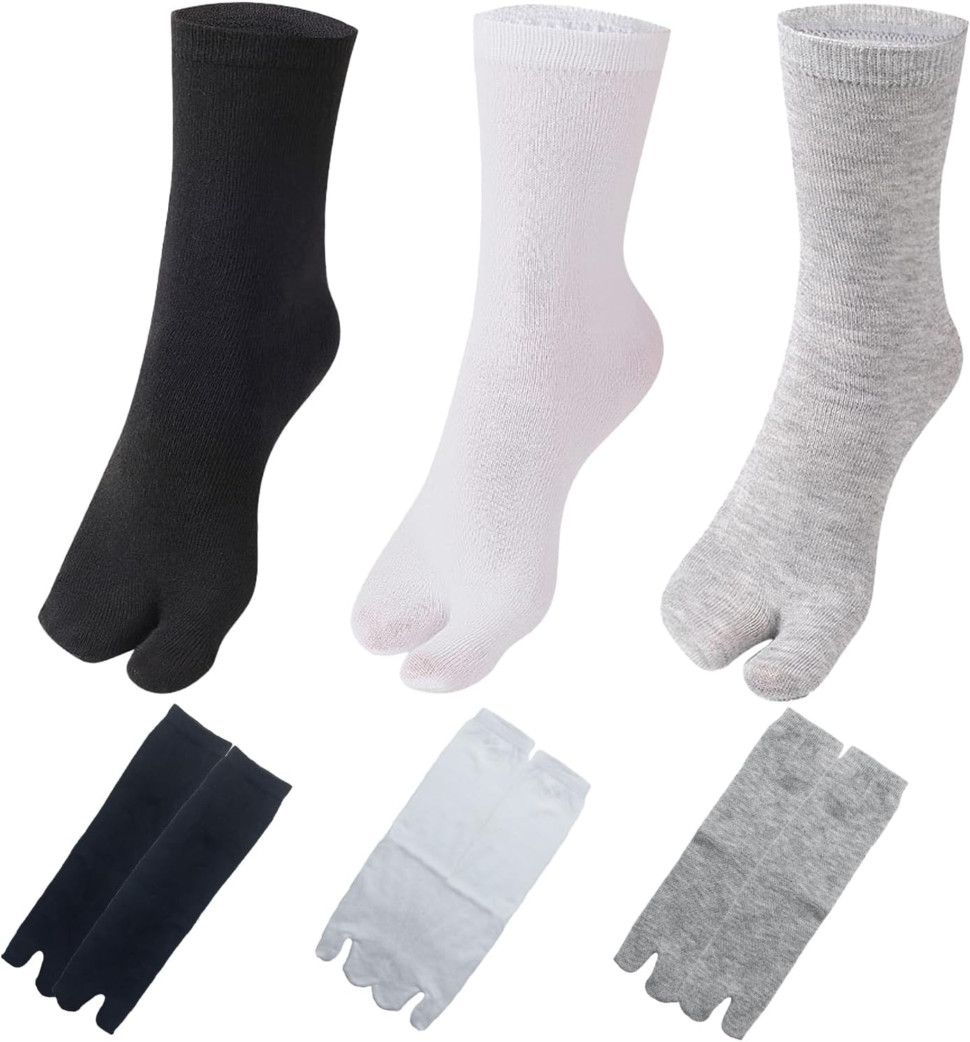 6Pairs Split Toe Socks For Women Japanese Geta Cotton Socks Tabi Flip Flop Socks Cotton Split Toe Tabi Socks Elastic For Women(White+Grey+Black)