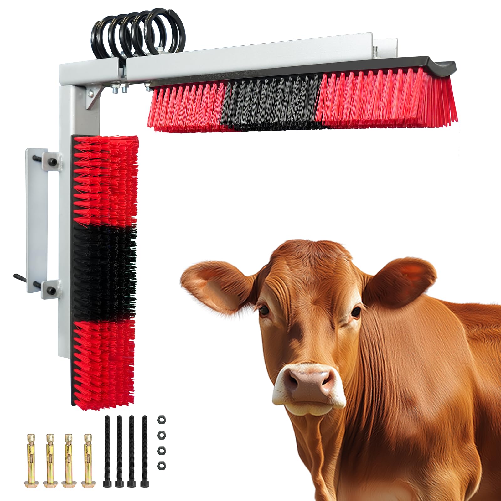 Cepillo para rascar ganado con soporte de hierro de resorte, cepillo para rascar la espalda de animales, incluye 4 cepillos de cabra, 4 soportes y accesorios para vaca, ganado, ovejas, caballos