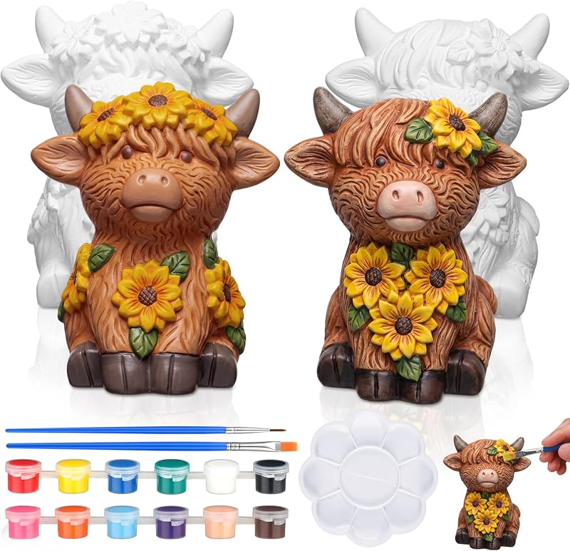 Hollowfly 2 Pack Paint Your Own Ceramic Highland Cow Unpainted Figurines | 4" Mini Paintable Statue, Sunflower Highland Cow, Brush Palette Paint Kit, Fall Gift for Craft DIY Lover, Garden Home Decor