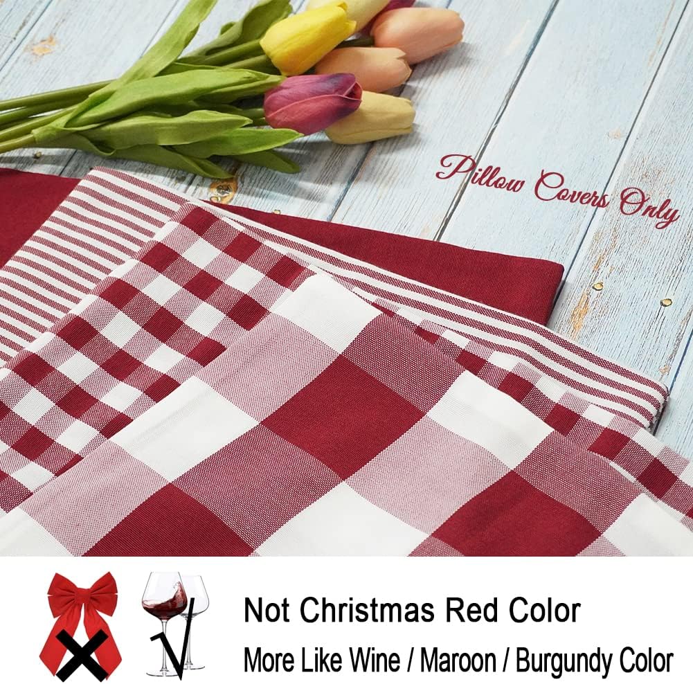 CARRIE HOME Red Plaid Decorative Throw Pillow Covers 20x20 Set of 4, Burgundy Red and White Christmas Couch Pillows 20 x 20, Red Buffalo Checkered Living Room Decor Pillows Also for Front Porch