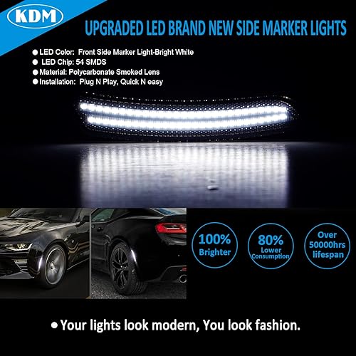 Miniatura 8 de KDM Reflectores LED de lente ahumada para parachoques lateral, luces de doble fila, color blanco brillante, apto para Chevy Chevrolet Camaro 2010,