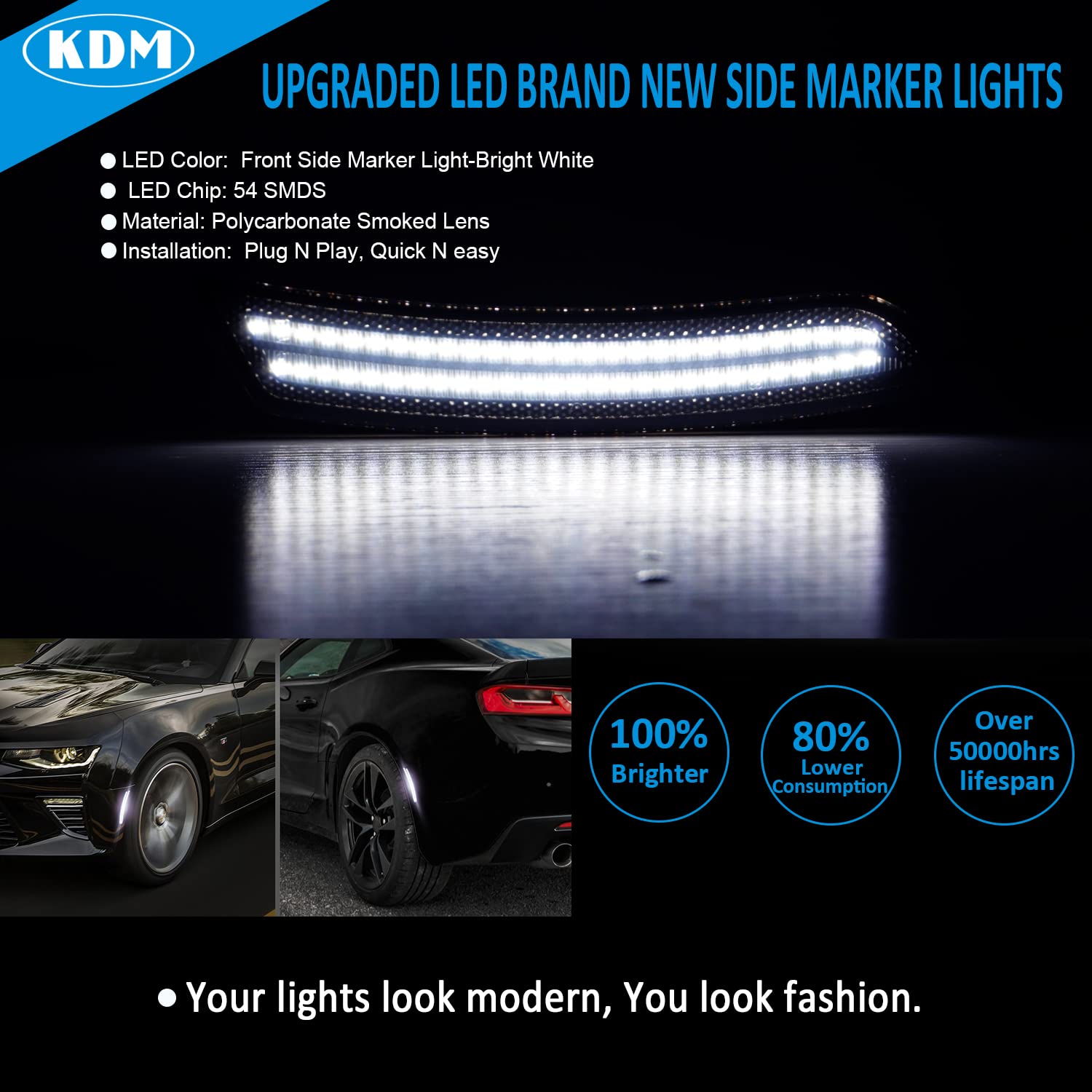 KDM Smoked Lens LED Bumper Side Marker Reflectors Lights Dual Rows Bright White, Fit for 2016-2023 Chevrolet Camaro,2014-up Cadillac CTS,2015-up Cadillac ATS,Front & Rear Fender Bumper Lamp,4Pcs Pack