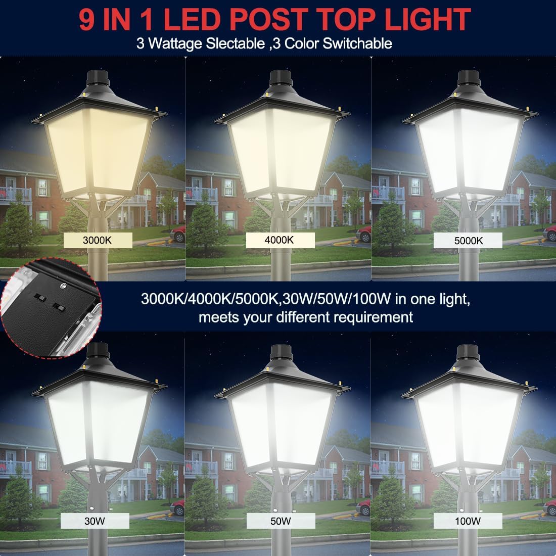 100W-50W-30W Tunable LED Post Top Light with Photocell,3000K-4000K-5000K CCT Color Adjustable,Dusk to Dawn Area Pole Top Lights,AC100-277V,Commercial IP65 Street Light