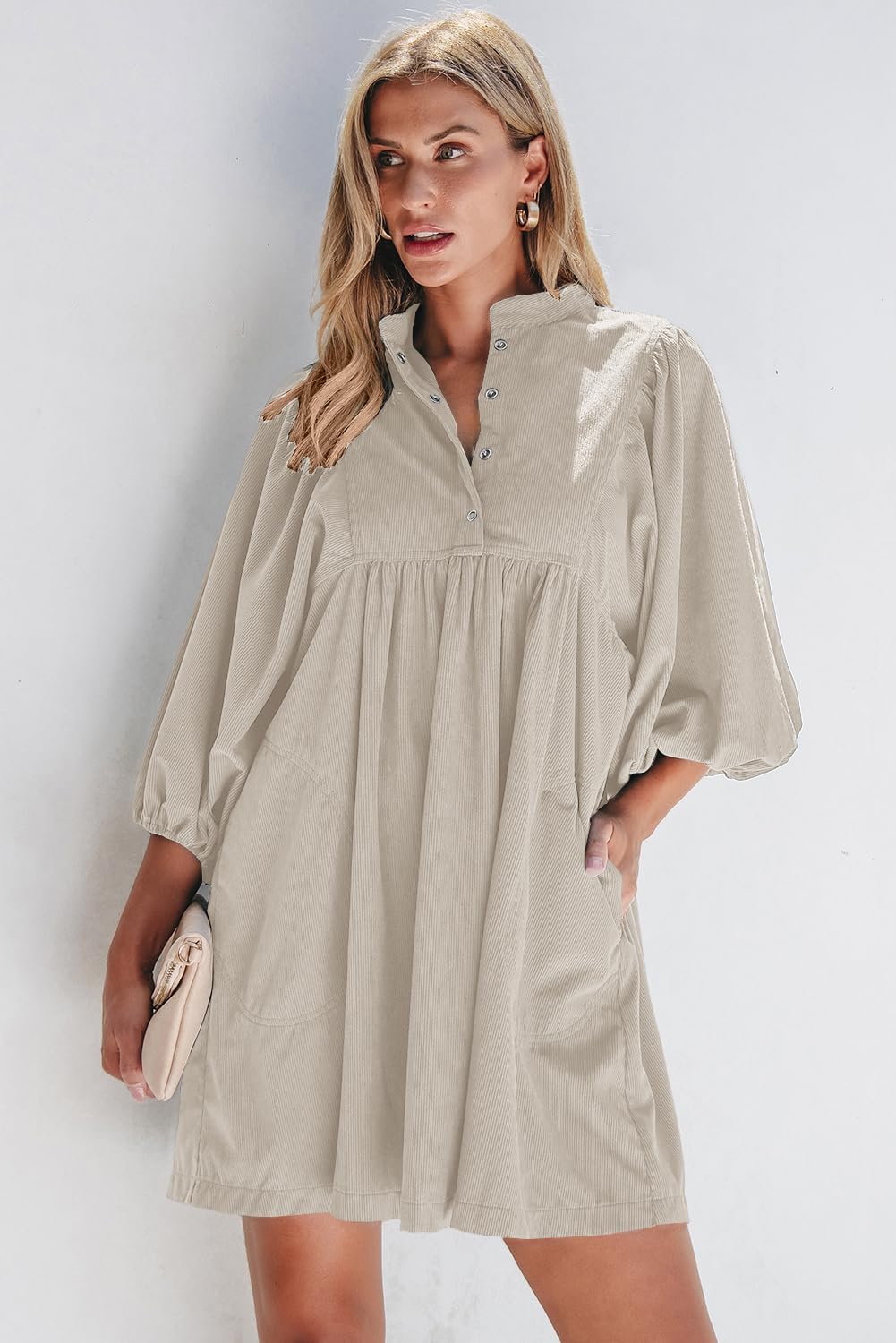Womens Casual Dresses Corduroy Button Up Empire Waist 3/4 Sleeve Fall Winter Mini Babydoll Dress - Image 2
