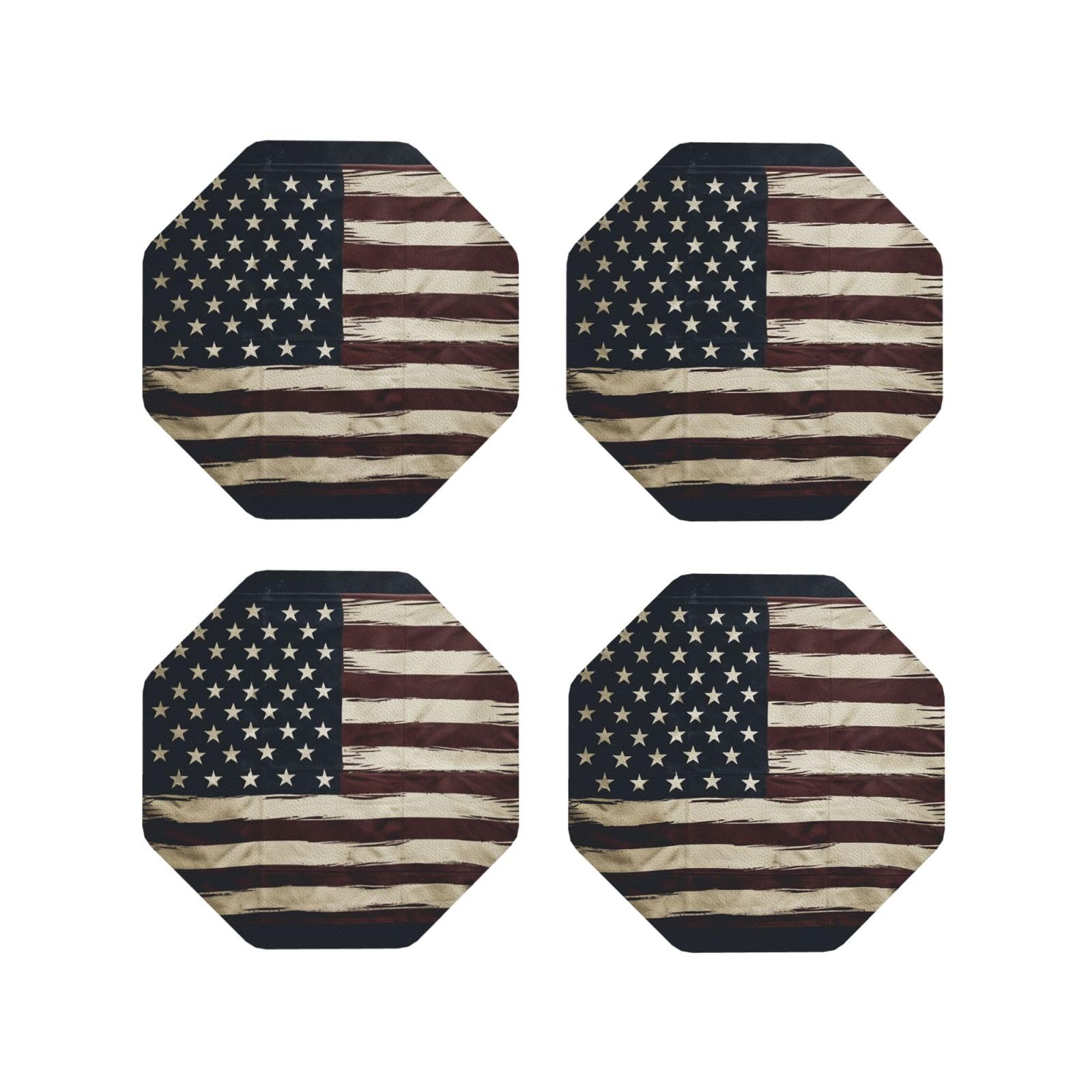 4Pcs PU Leather Coaster for Drinks, American Flag Cup Coastersr 4" Cup Mat Pad, Aesthetic Drink Coasters for Coffee Table, Octagon Coaster for Tabletop Protection