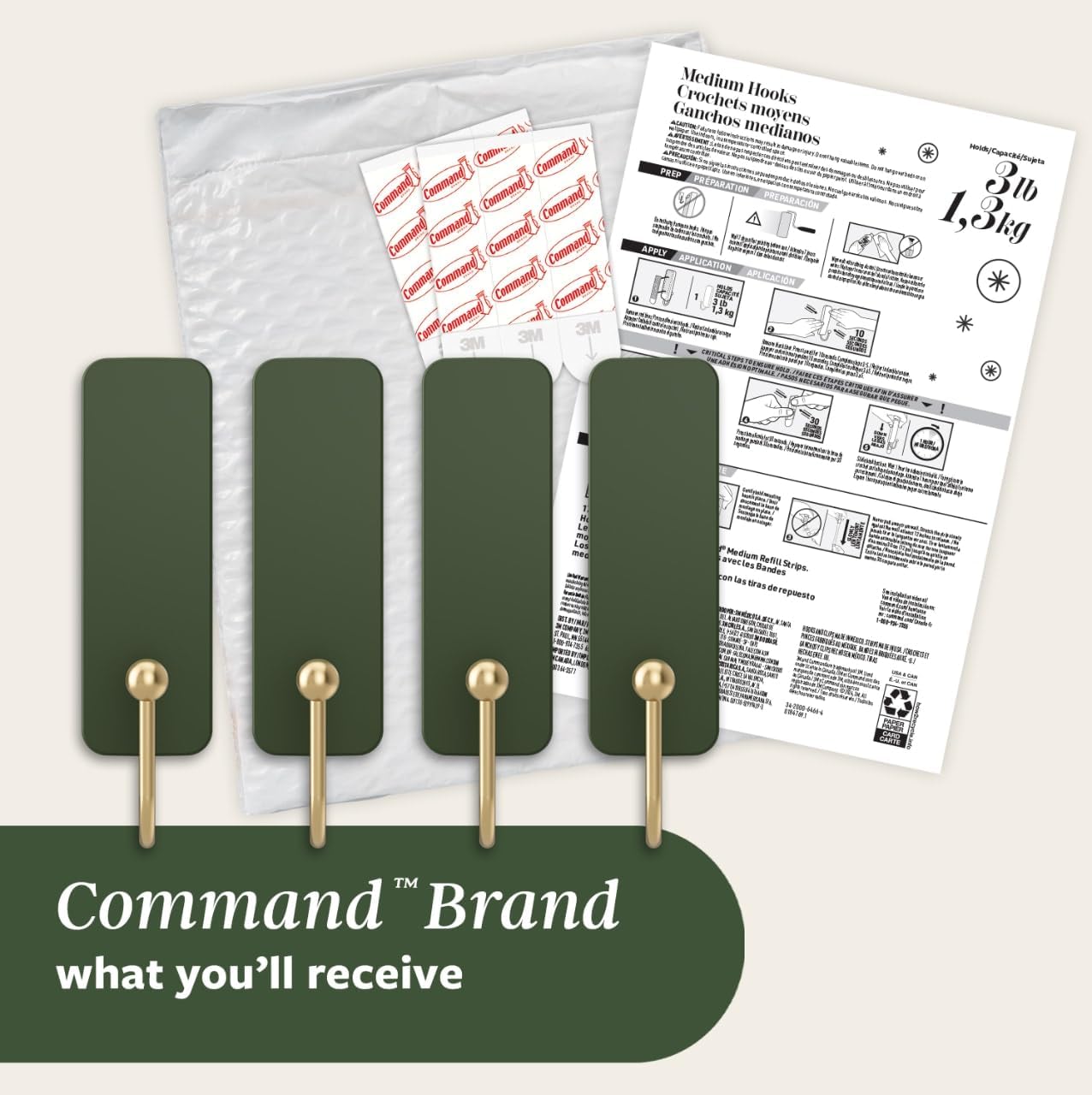 Command Medium Wire Hook, Rosemary, 4 Hooks, 6 Strips