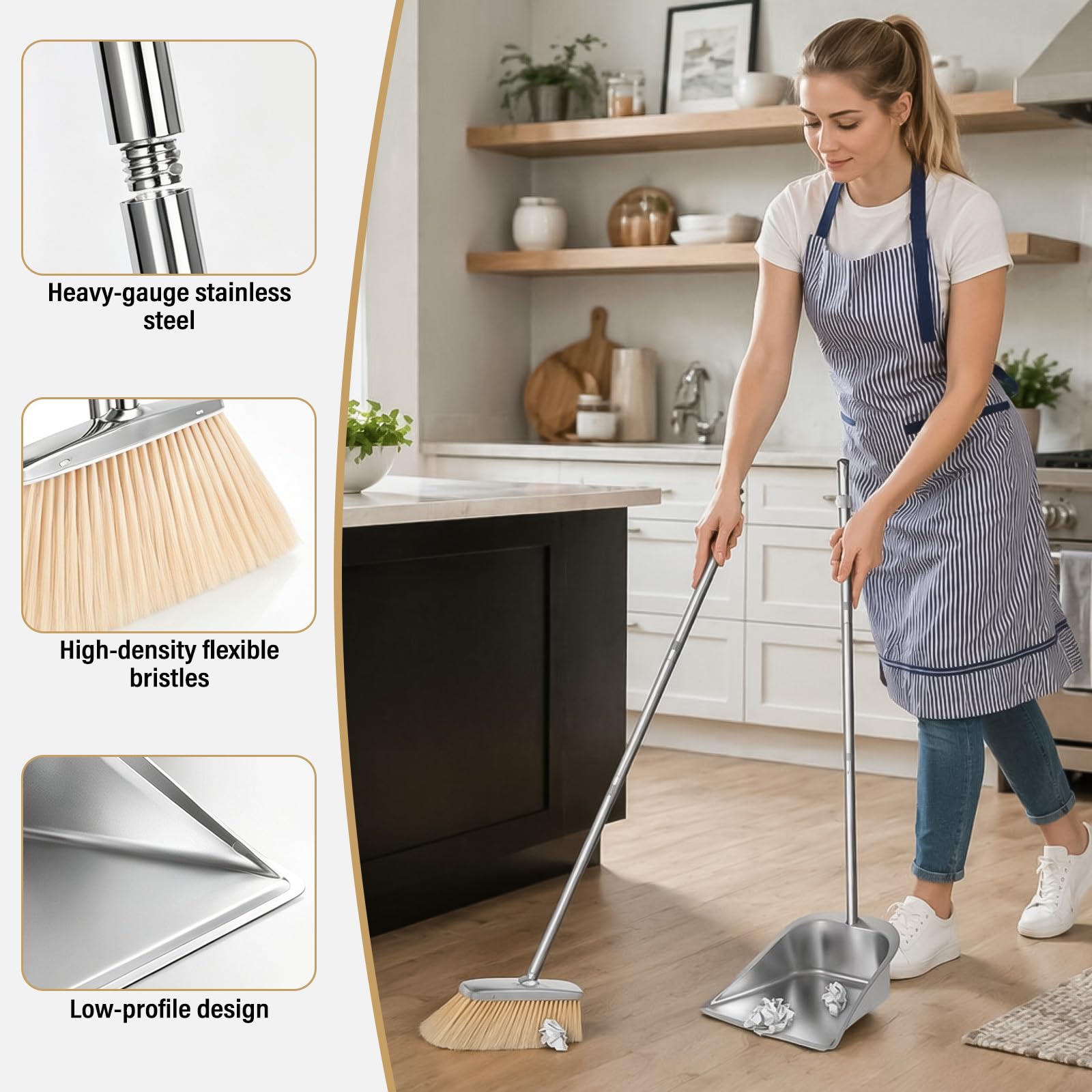 Juego de escoba y recogedor con mango largo (118 cm), pala y escoba de acero inoxidable, ajustable y altamente eficiente para interior/exterior, oficina, porche