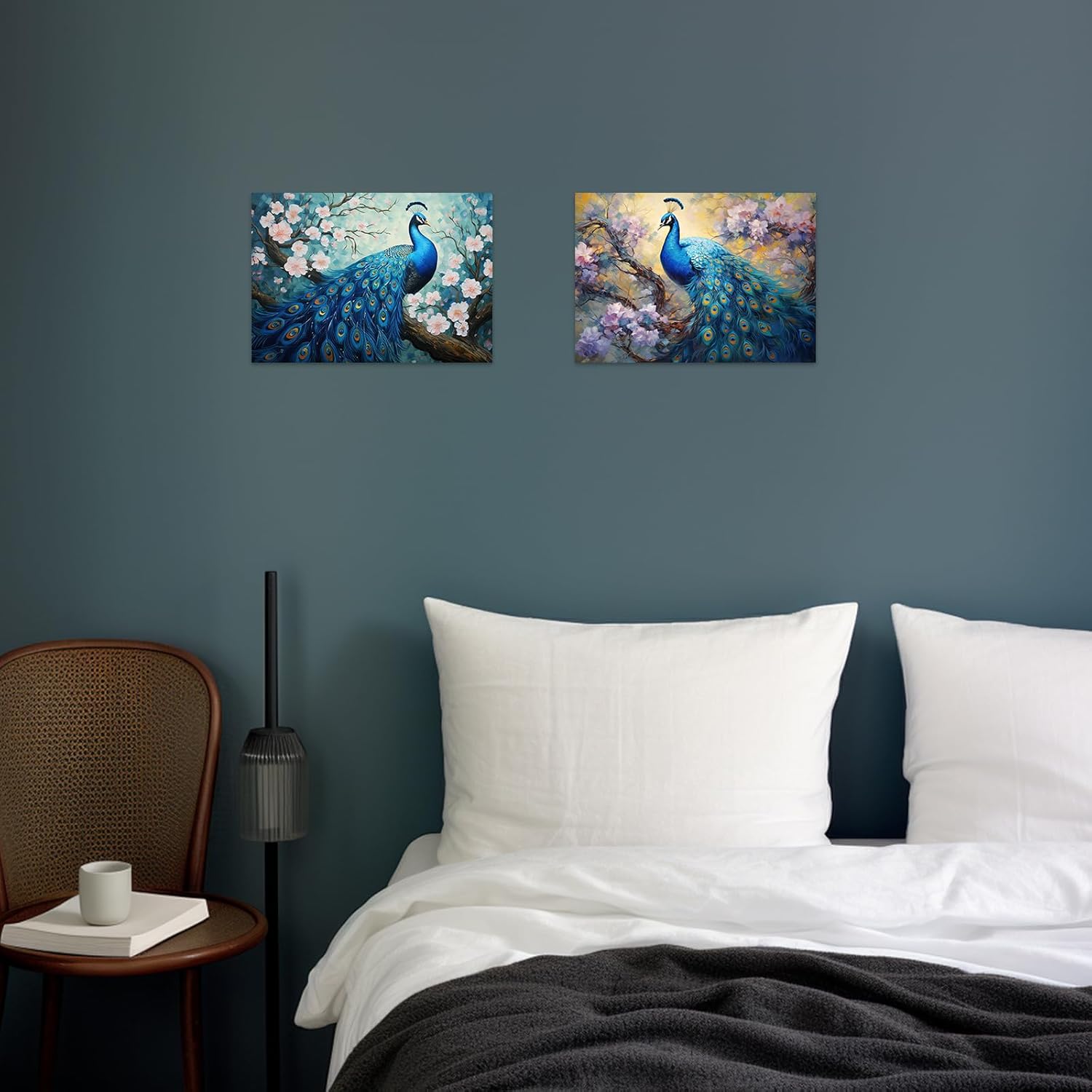 ZXHYWYM Peacock Wall Art - 2 Pieces Blue Peacock with Flower Canvas Print - Elegant Peacock Pictures - Beautiful Birds Painting for Home Decor - Frame (11"x14"x2)