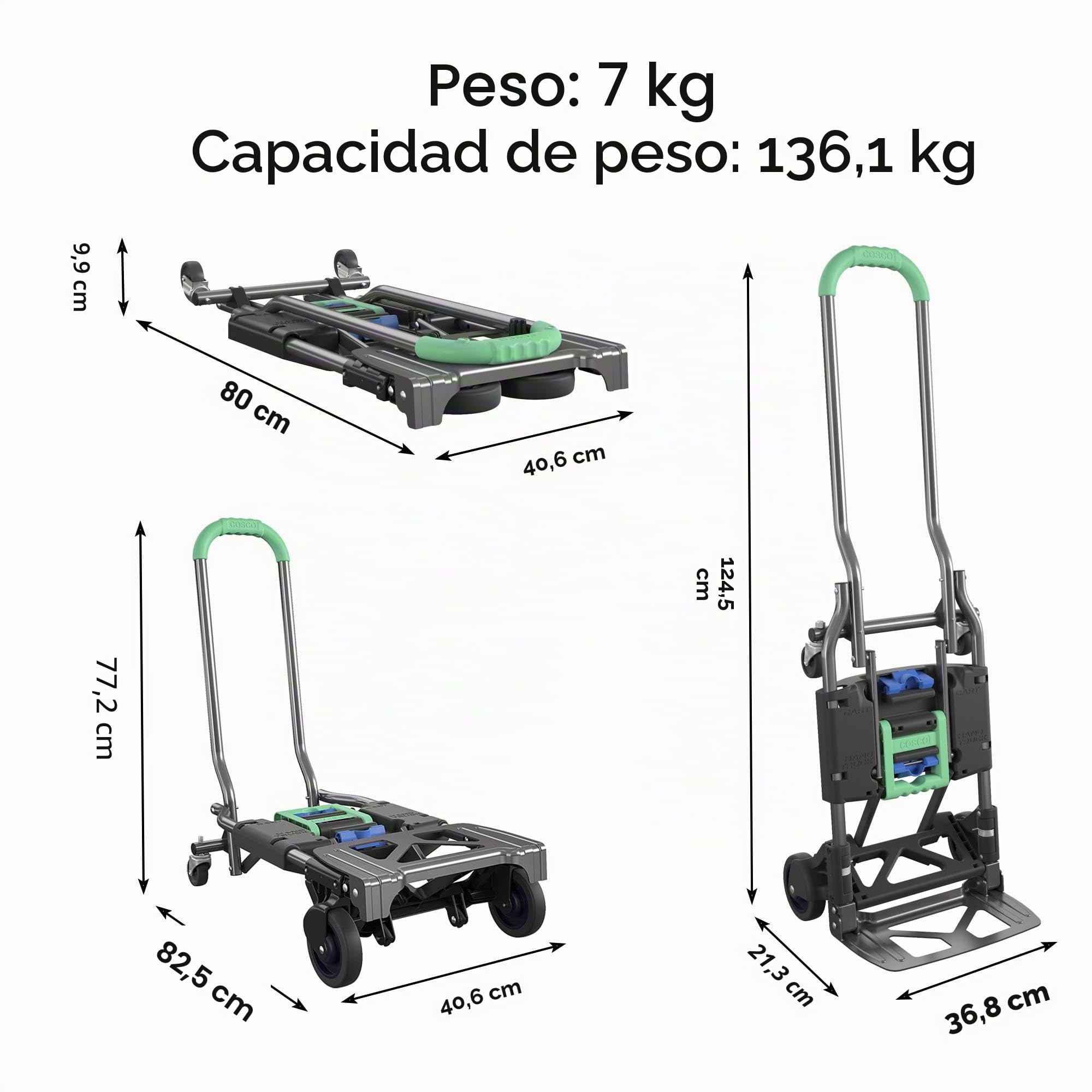 COSCO Shifter, Carretilla de Mano 135kg Plegable de Multiples Posiciones para Trabajos Pesados, Verde