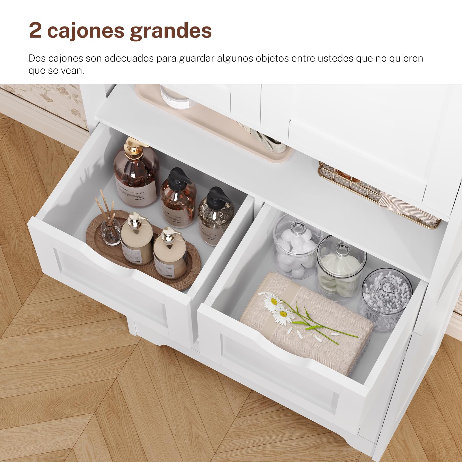 TEENFON Armario de Baño con 2 Cajones y 4 Puertas, Mueble Baño Doble Cajón, Gran Capacidad Almacenaje y Organización, 30 x 60 x 147 cm, Blanco