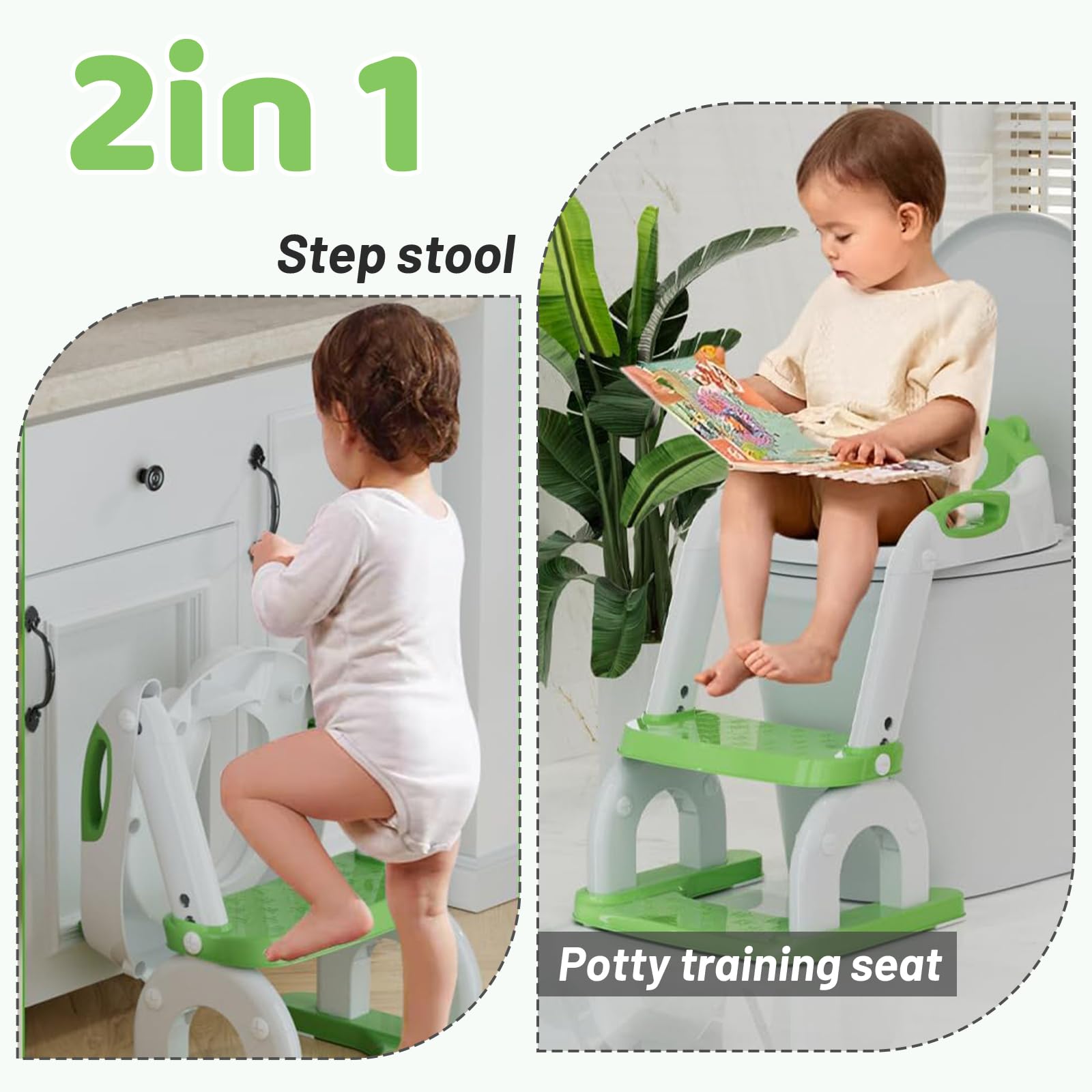 Réducteur Toilette Enfant 2-en-1, Rehausseur WC Pliable Réglable avec Escalier Antidérapant, Coussin PU Confortable, Adapté aux Toilettes V/O/U, Apprentissage Propreté pour Enfants 1-6 Ans (Vert)