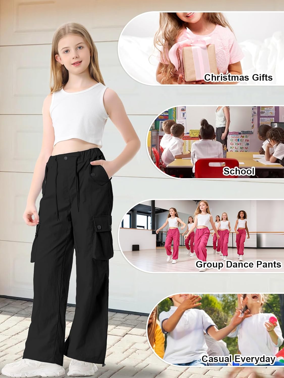 Cromoncent Cargo Pants Girls & Women Parachute Pants Y2K Baggy Rave Clothes Waterproof with Pockets, 6 Years - 3XL - Image 6