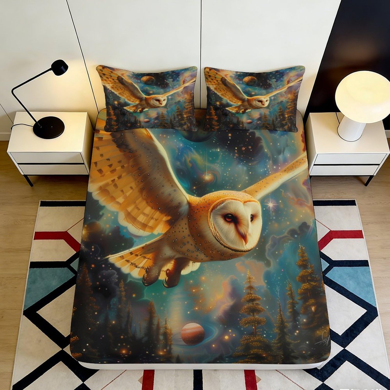 3D Printed Owl Galaxy Fitted Sheet Microfiber Soft Durable Cosmic Mattress Cover for Bedroom Dormitory Guest Room Protector Decor 120x200x25cm