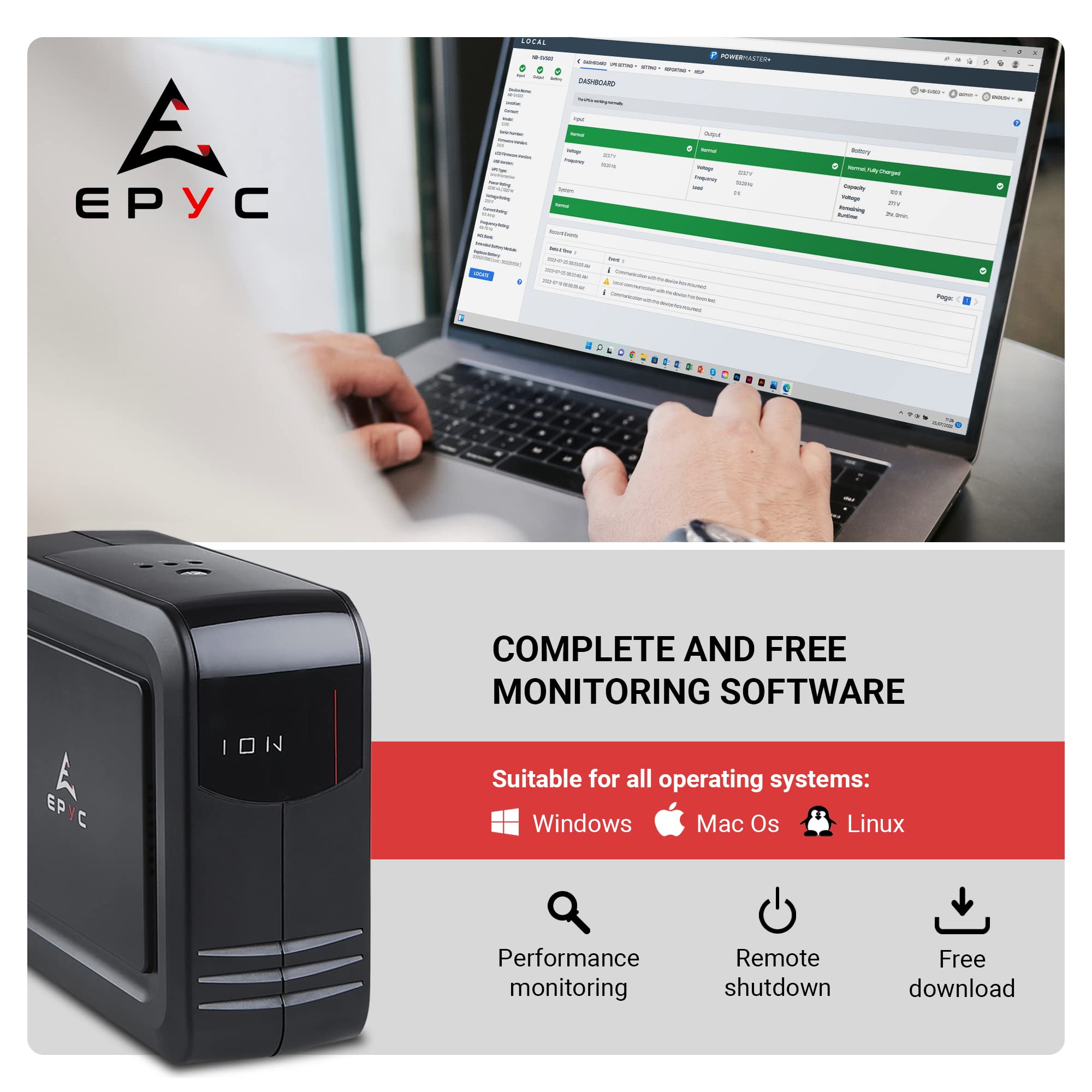 EPYC Ion - SAI, Potencia 1000VA/600Watt, Sistema de Alimentación Ininterrumpida para PC, Mac, e Ordenadores con PFC Activo (PS5, PS4 Pro, Xbox), UPS para Consolas e PC da Juegos, 3 Salidas Schuko