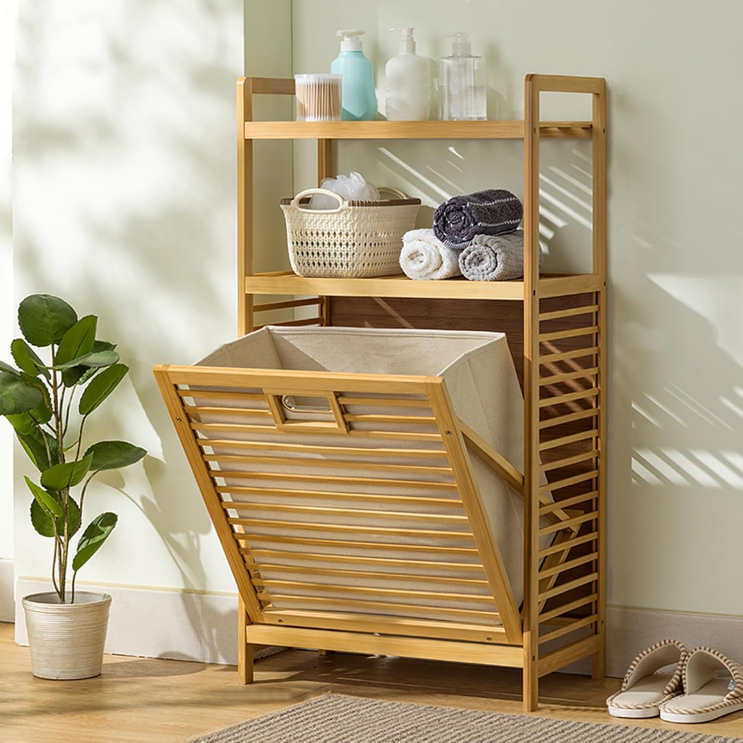 4-tier Bamboo Tilt-out Laundry Hamper With Removable Basket, Lightweight Floor Stand Storage Cabinet For Dirty Clothes, Ideal Bathroom Organizer 3-tiers 50cm/19.7in