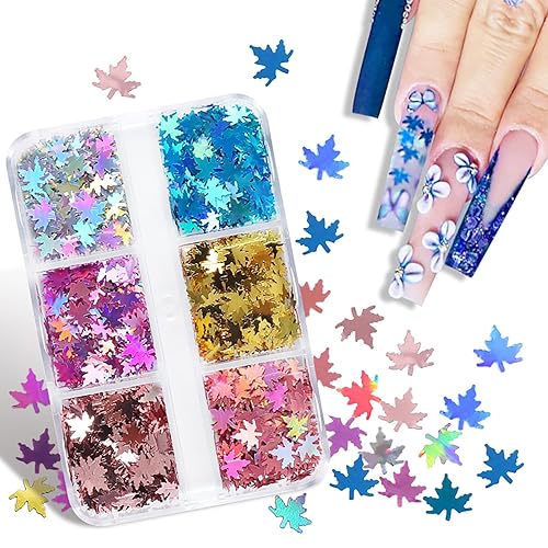 Brillo de uñas de hoja de arce, 6 rejillas, lentejuelas de otoño, arte de uñas holográfico de Acción de Gracias, lentejuelas láser 3D, copos de