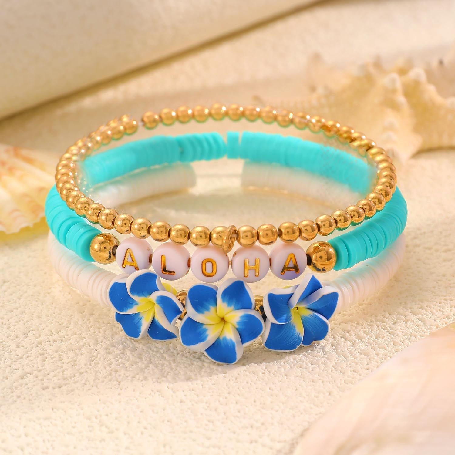 2Pcs Hawaiian Plumeria Rubra Bracelets Bohemian Polymer Clay Beaded Stretch Bracelet for Women Tropical Flower Summer Beach Boho Jewelry - Image 3