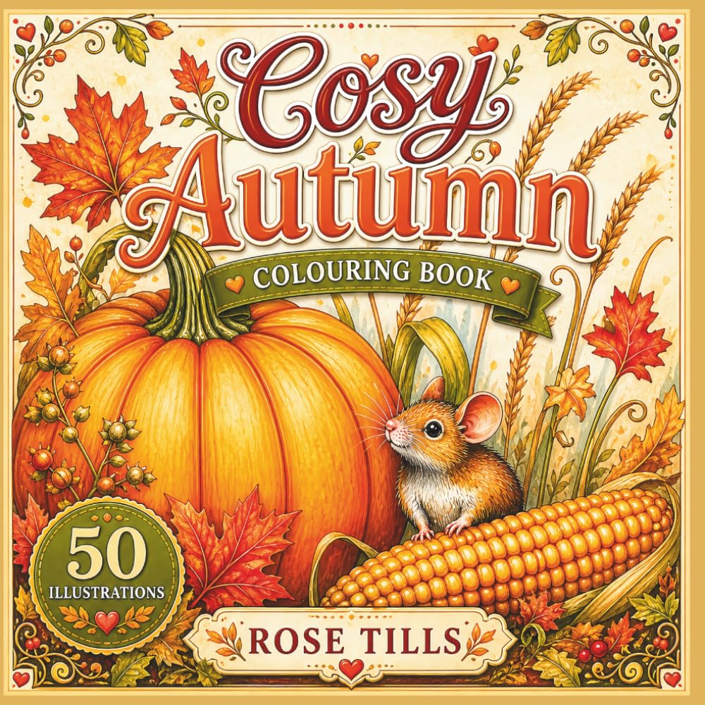 Cosy Autumn Colouring Book: Relaxing colouring book for adults and teens: Cute and rustic fall pictures with colourful leaves, pumpkins, corn, woodland animals and charming scenes