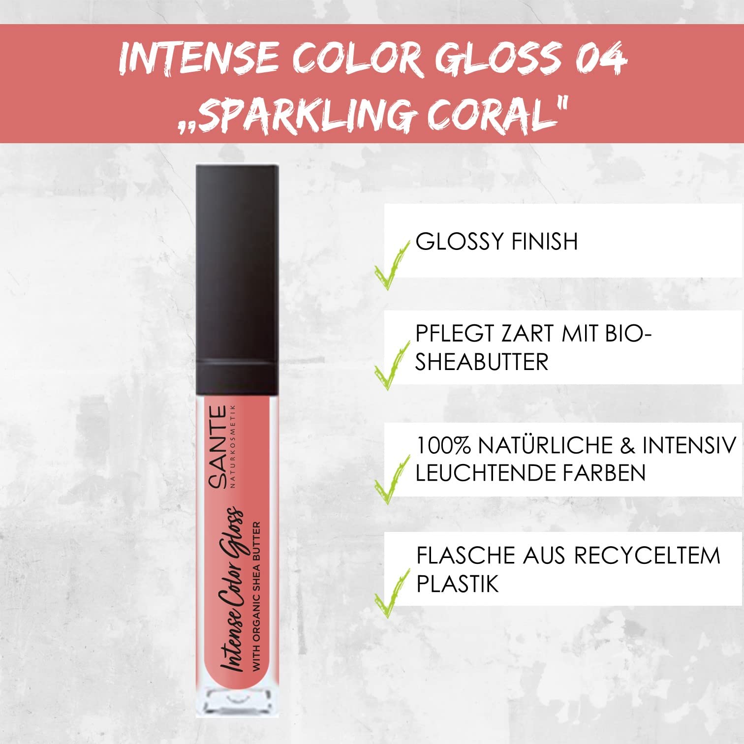Sante Naturkosmetik Naturalny błyszczyk do ust z błyszczącym wykończeniem, z masłem shea do zadbanych ust, Intense Color Gloss, nr 04 Sparkling Coral, 1 x 5,3 ml
